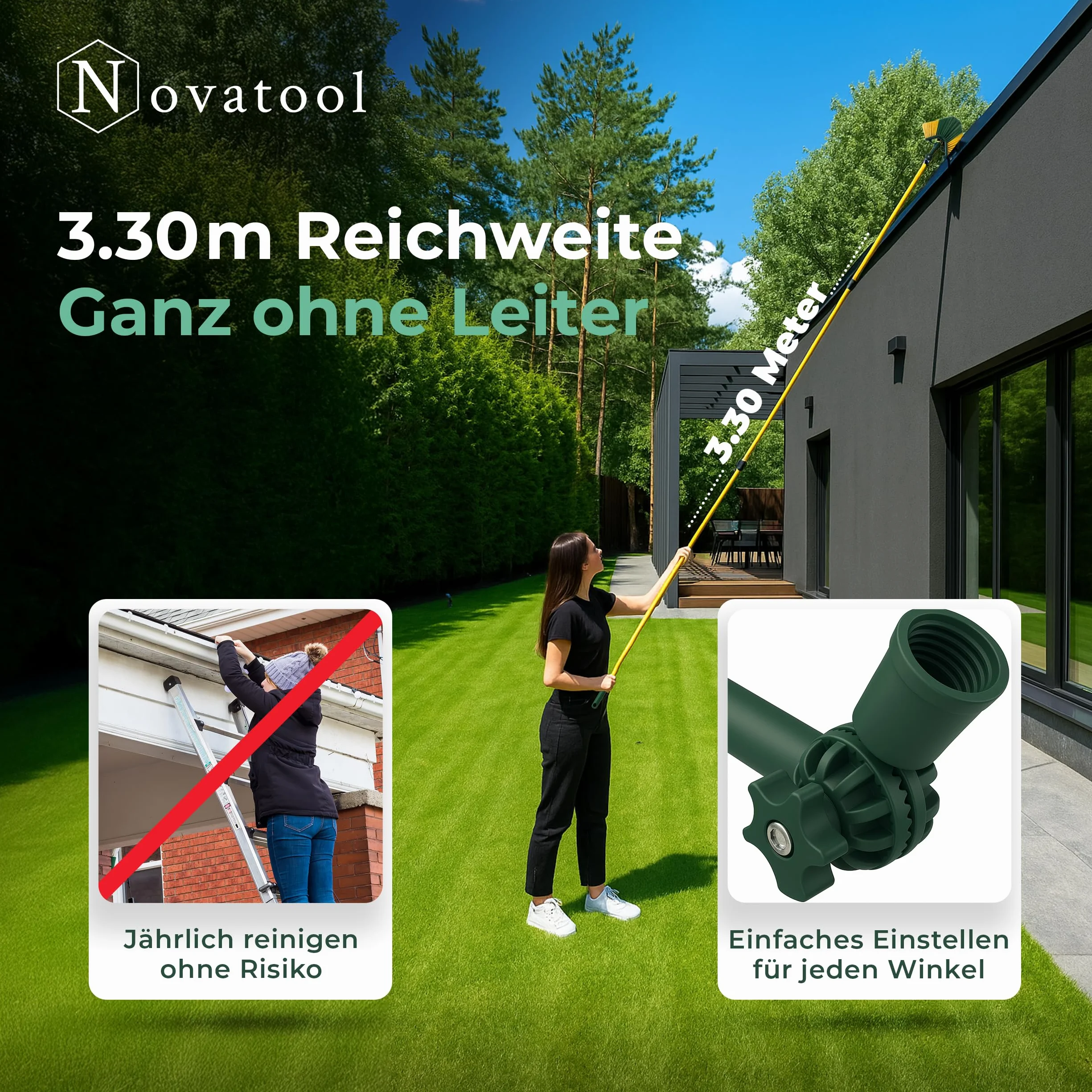 Novaliv Teleskopowa szczotka do rynien dachowych 3,3 m ze szczotką narożną i skrobakiem + zamiatarką ręczną i blachą, szczotka do czyszczenia rynien dachowych, szczotka do czyszczenia rynien dachowych