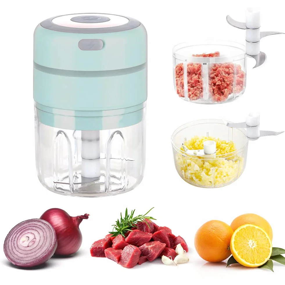 Mini elektryczna krajalnica do cebuli, uniwersalna szatkownica z 2 filiżankami – 250 ml i 100 ml, elektryczna szatkownica do czosnku, do mięsa, chili, owoców – ładowanie przez USB