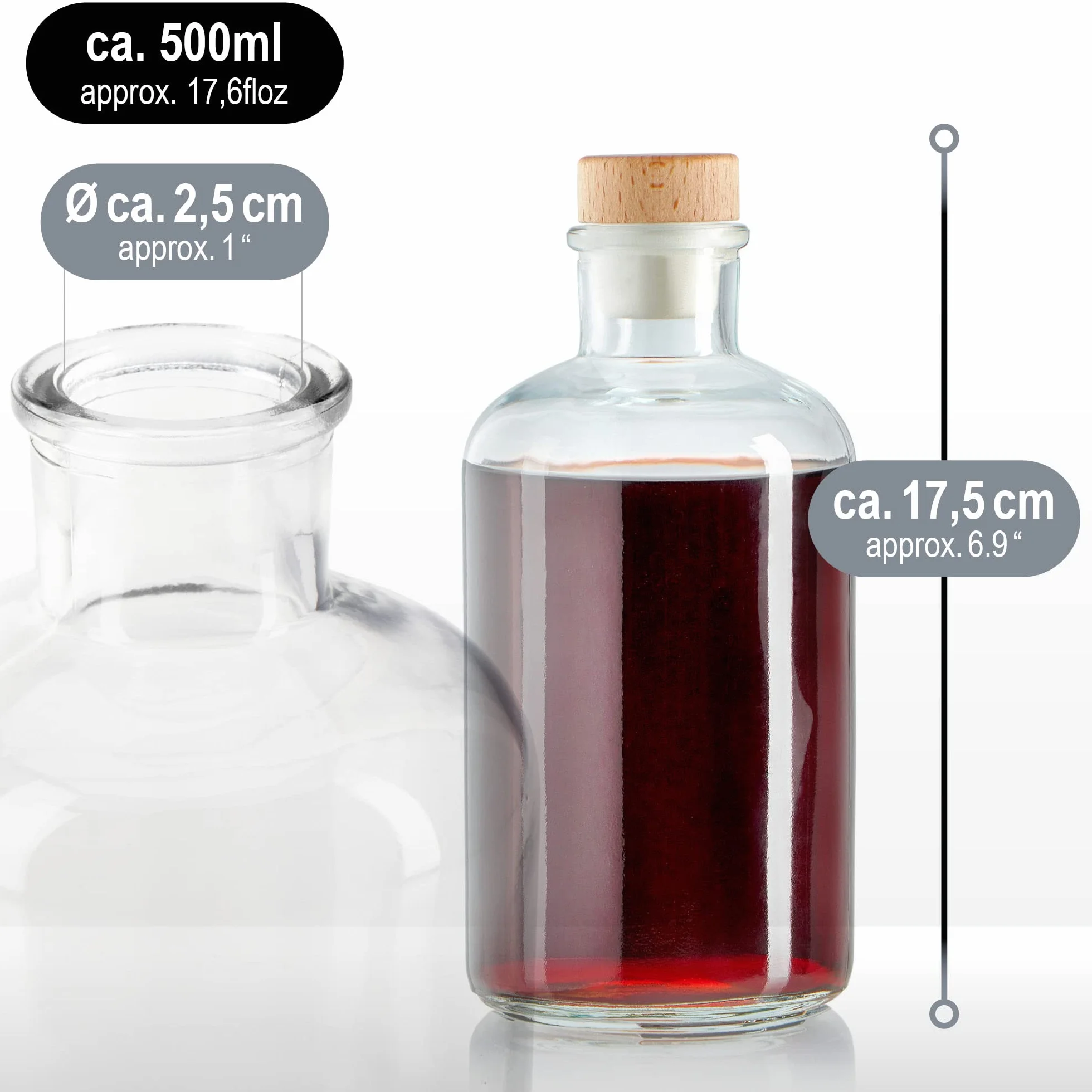 COM-FOUR® 6x butelki szklane 500 ml z korkami - puste butelki z korkami - pojemniki szklane do napelniania plynami takimi jak olej, ocet i alkohole (okragly - 500ml)