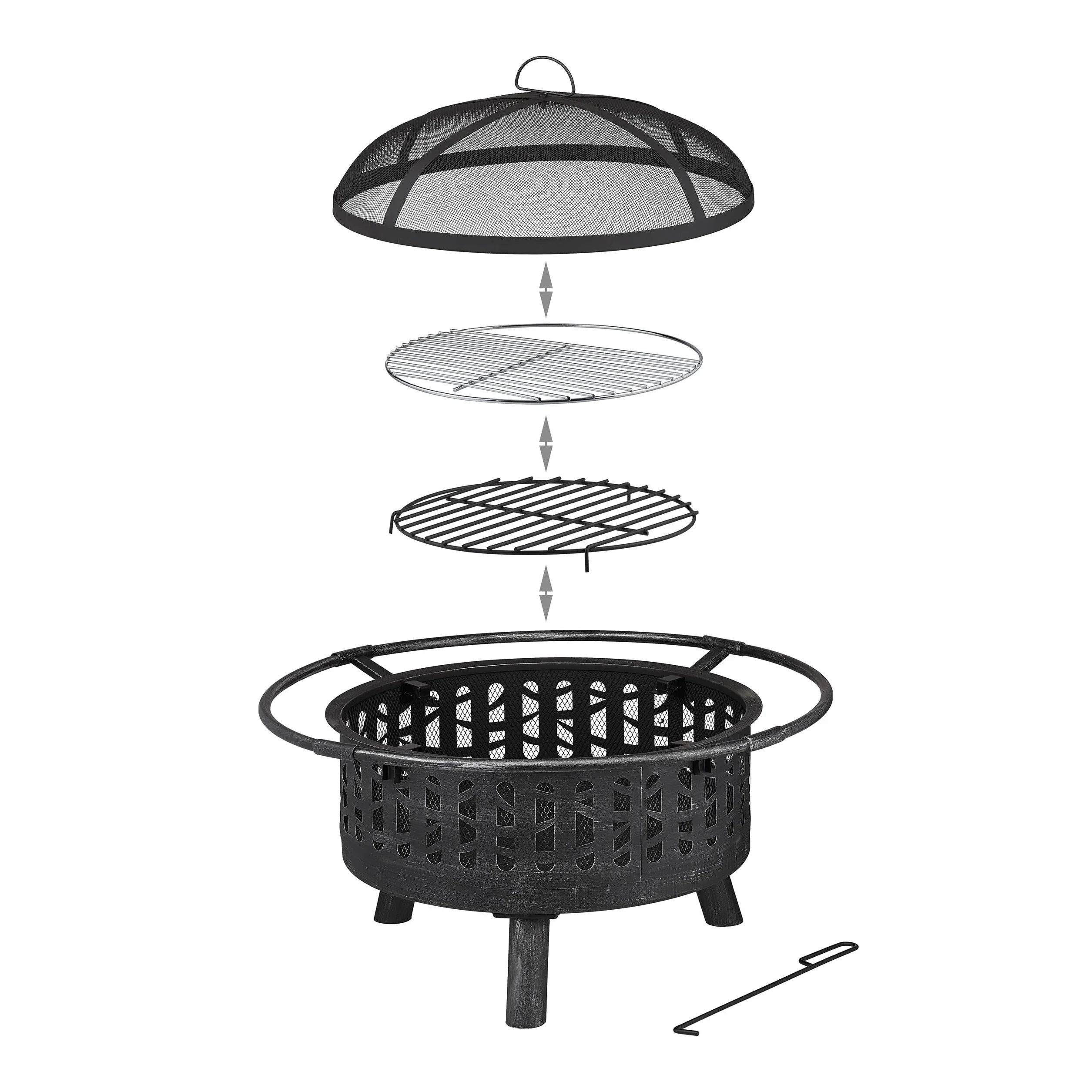 Relaxdays Palenisko z rusztem do grillowania i ochroną przed iskrami, pogrzebacz, ruszt węglowy, Ø 75 cm, palenisko ogrodowe, czarne/srebrne
