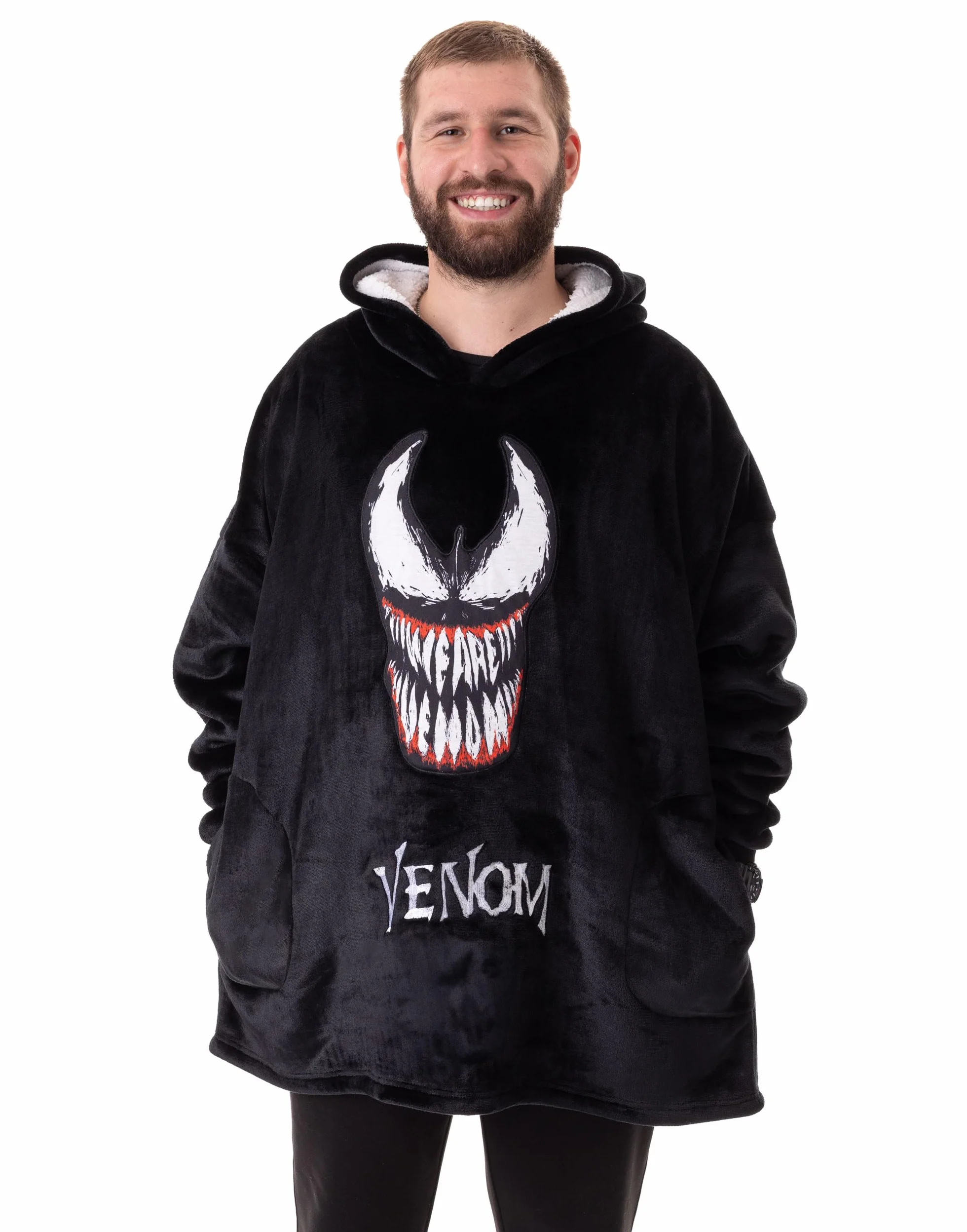 Marvel Venom Męska bluza z kapturem i kocem | Polarowy sweter z kapturem dla dorosłych w kolorze czarnym z postacią jadu | Odzież codzienna z podszewką Sherpa i kieszeniami