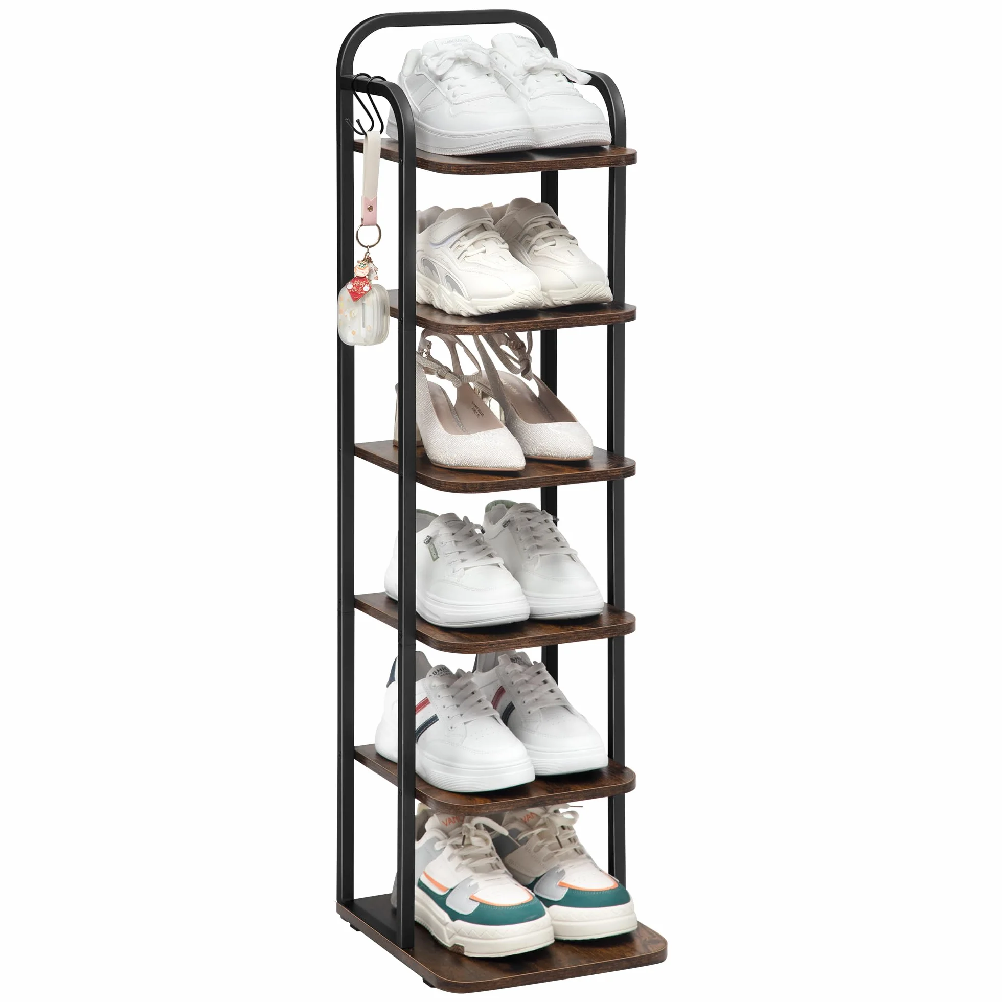 Hzuaneri Pionowy Regał Na Buty, 6-Poziomowy Regał Na Buty, Drewniany Organizer Na Buty, Do Szafy, Wejścia, Wieży Na Buty Do Małych Pomieszczeń, Wolnostojący, Regulowany, Rustykalny Brązowy I Czarny