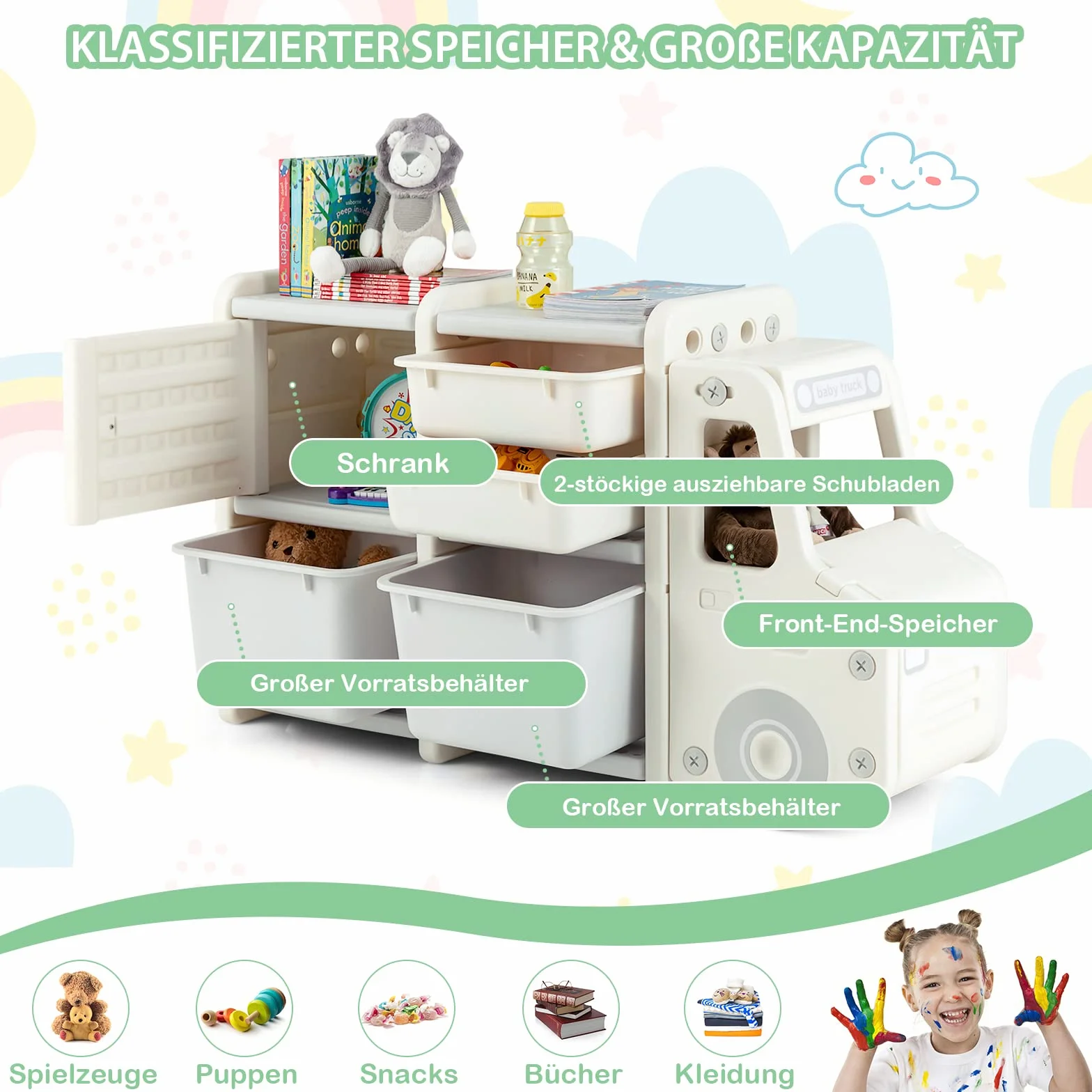 COSTWAY Regał na zabawki i książki, dwie poziome szelfy, z szafą i pudełkami do przechowywania, do pokoju dziecięcego, 110 x 32 x 66 cm