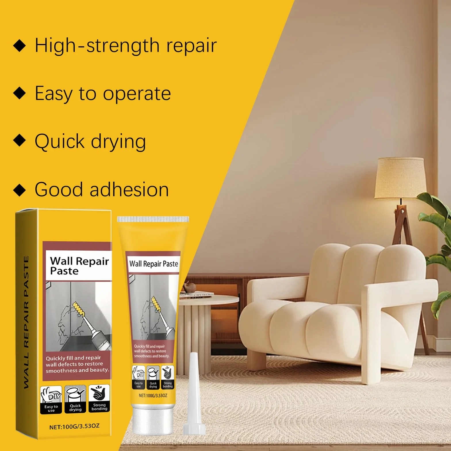 Wall Repair - Wall Crack Repair Paste | 100g Drywall Hole Crack Fix Filler, Quick-Dry Formula with Clean finish, Walls Mending Cream for Ceilings, Corners Damage