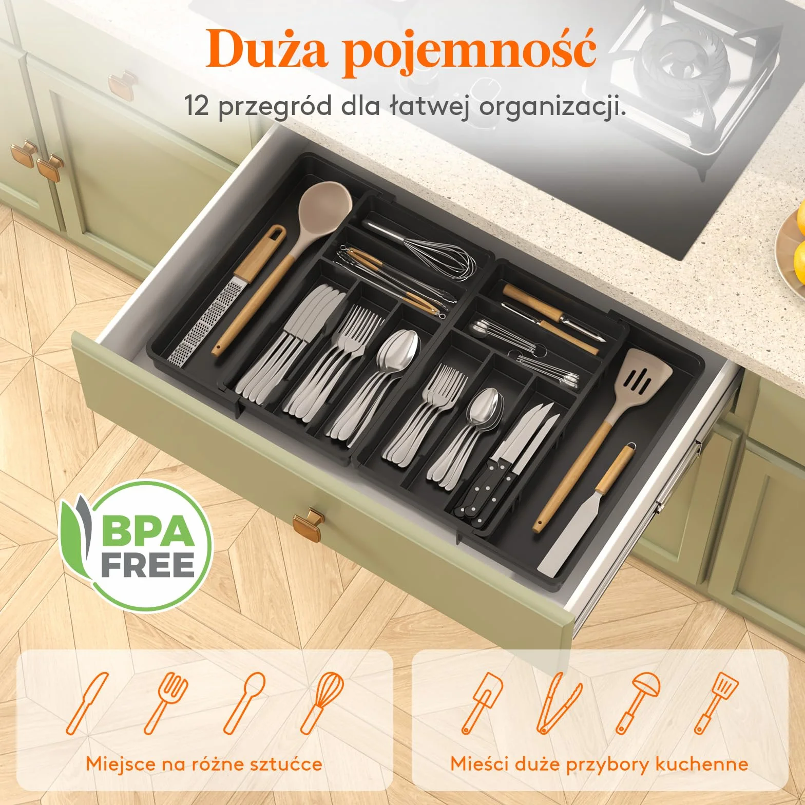 Lifewhite Duża Szuflada na Sztućce, Szerokość od 46 do 70 cm, Regulowana Szuflada na Sztućce do Szuflady, Głębokość 42,4 cm, Wyjmowany Układ szuflady, Plastikowy Uchwyt na Widelce/Noże, Czarny