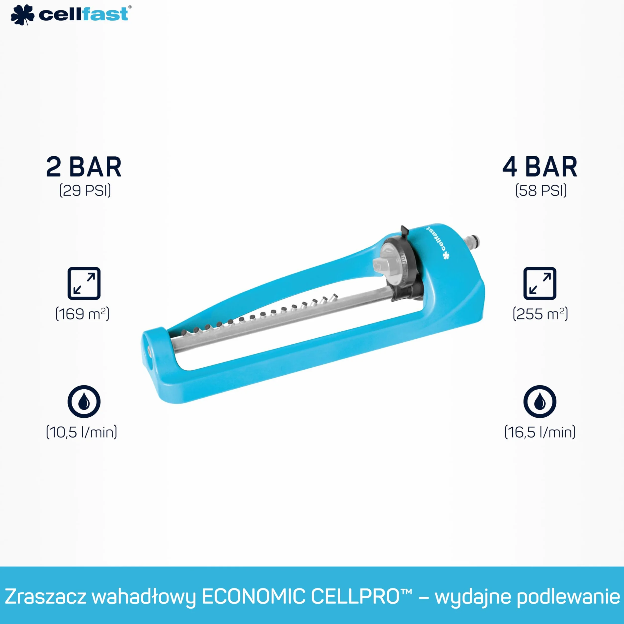 CELLFAST Zraszacz Oscylacyjny Zraszacz Ogrodowy Do Trawnika Kwiatów Roślin 15 Dysz Wylotowych Płynna Regulacja Economic Ideal