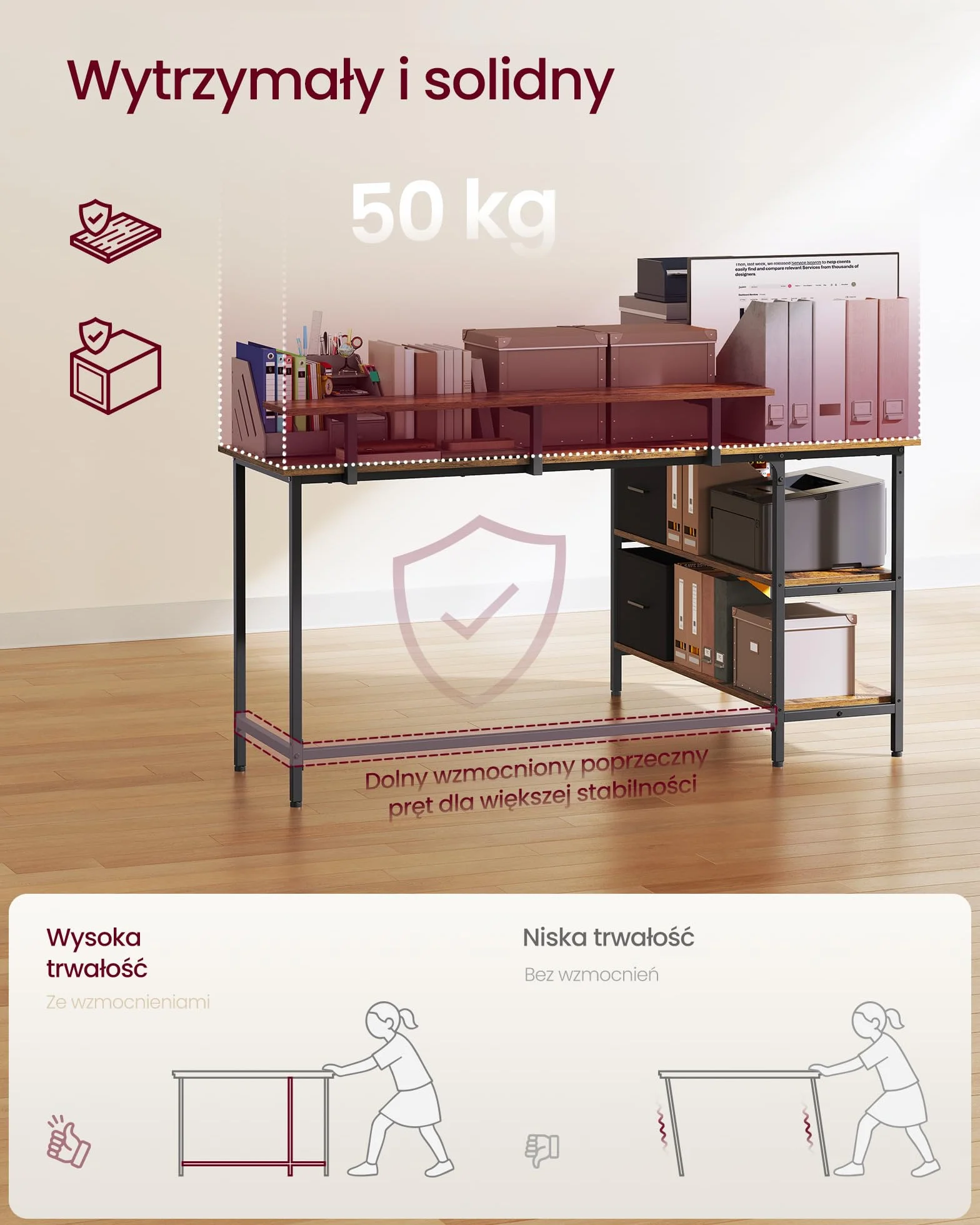 VASAGLE Biurko w kształcie litery L z 2 przestronnymi szufladami, biurko dla graczy ze stojakiem na monitor, biurko narożne, biurko komputerowe z regulowaną półką, do domowego biura, 155 x 105 cm