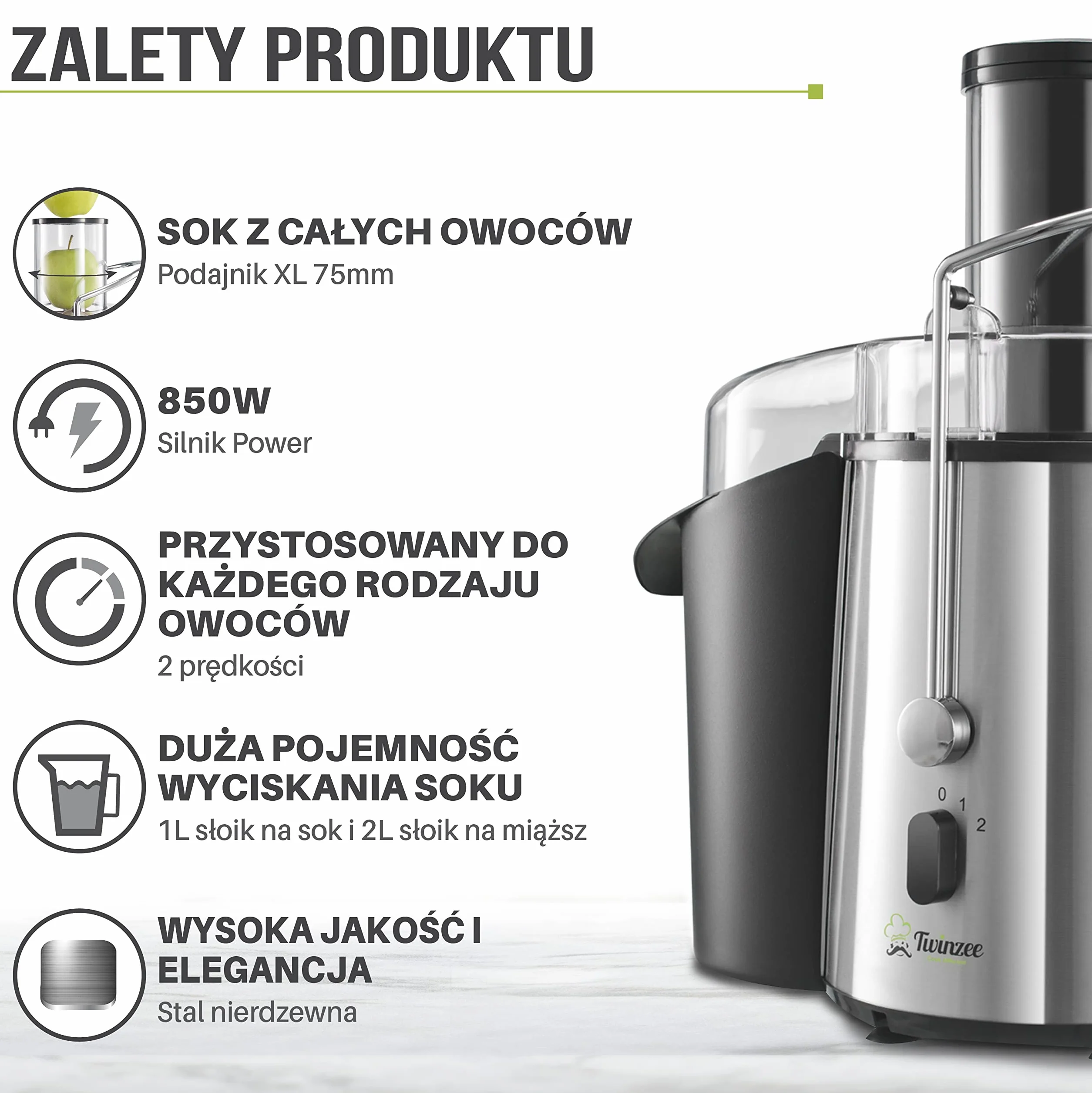 Twinzee Odśrodkowa sokowirówka do warzyw i owoców, elektryczna wyciskarka do soków z warzyw i owoców, wydajna 850 W, 2 poziomy prędkości, duży otwór do napełniania (75 mm), antypoślizgowe nóżk