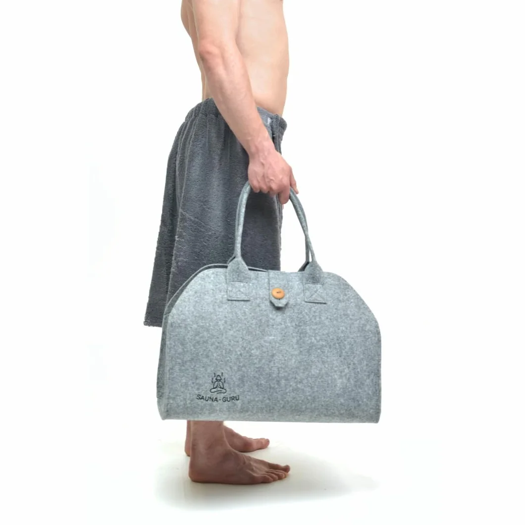 Wełniana filcowa torba do sauny premium – ręcznie robiona torba do przechowywania akcesoriów spa na czapkę bany, chustę na kilt, rękawicę i poduszkę do siedzenia, ekologiczna szara torba do