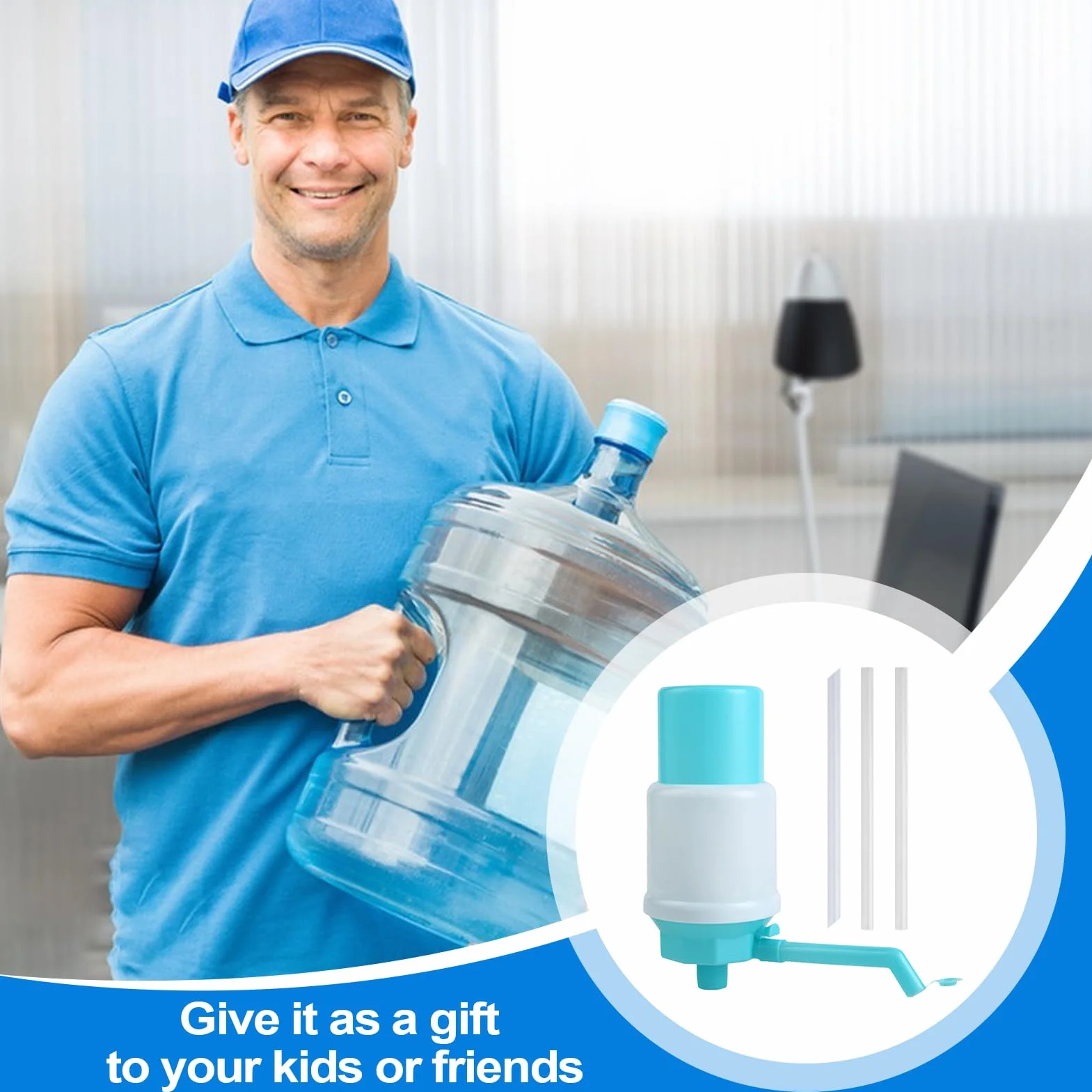Water Gallon Dispenser, Manual Water Bottle Pump, Leakproof Hand Press Spout, Adjustable Tube Length, for Home Camping Agency Use, 7.09x3.15x3.94 Inches, Blue, 1 Piece