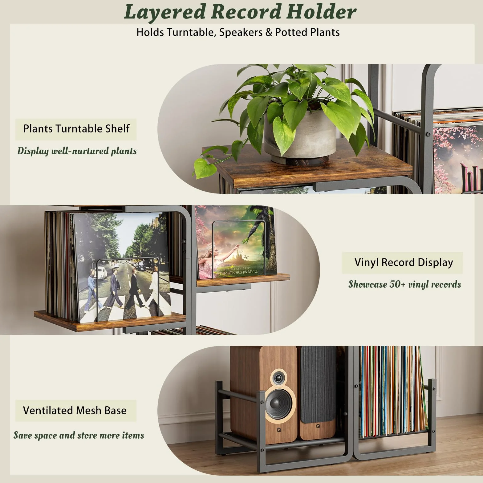 Bikoney Szafka na Gramofon w Stylu Vintage z Dużą Przestrzenią na Płyty Winylowe, Regał na LP z Półkami, Stolik pod Gramofon i Organizer na Płyty do Salonu i Sypialni