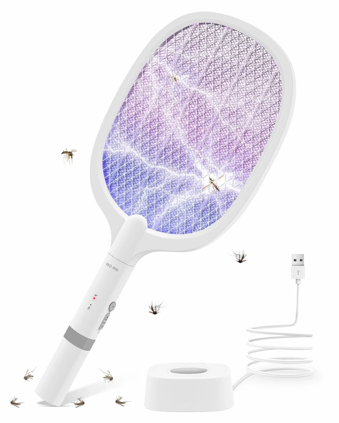 Elektryczna Packa na Muchy, 3000V Ładowalna Zabijacz Komarów z Lampą UV, 1800mAh Łapka Owady, Trzy Warstwy Ochrony z Siatki, Używana do Zabijania Komarów i Innych Latających Owadów
