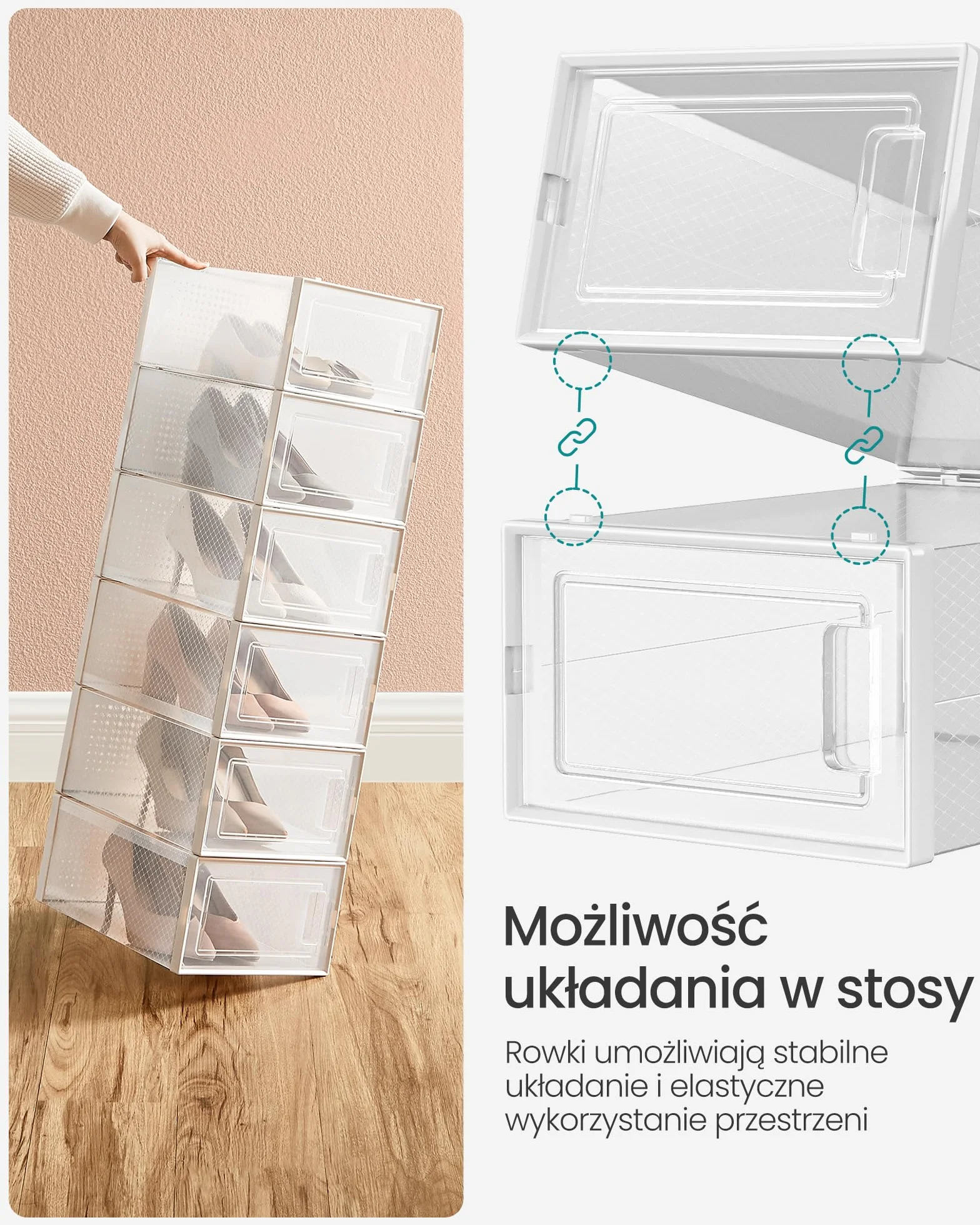 SONGMICS Pudełka na buty, zestaw 18, pudełka do przechowywania butów, organizer na buty, plastikowe pudełka, składane i sztaplowane, na buty do rozmiaru 42, przezroczysto-białe LSP18SWT
