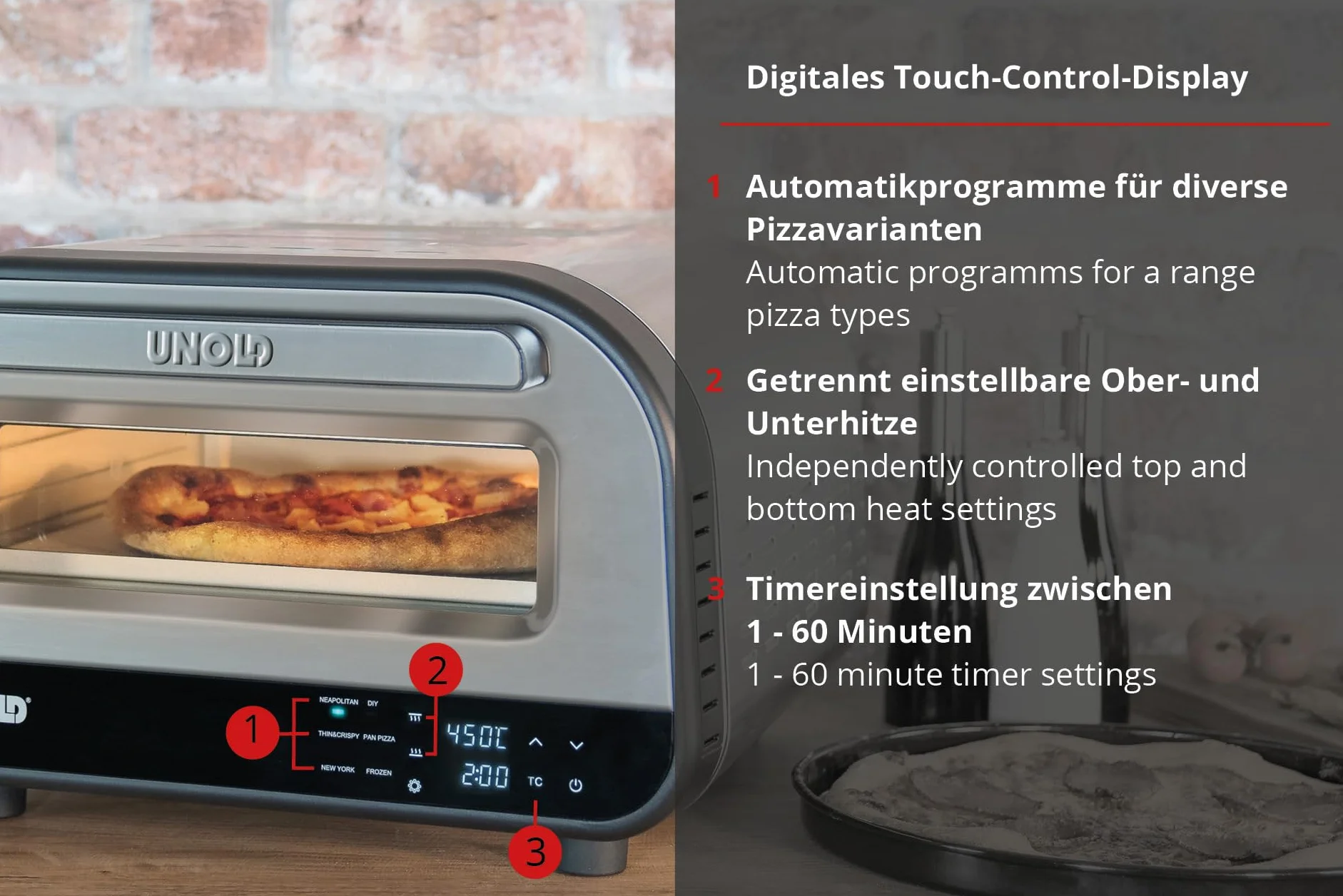 Unold Piec do pizzy LUIGI 68816 | Elektryczny piec do pizzy ze stali nierdzewnej o temperaturze do 400°C, czas pieczenia tylko ok. 2 minut, łącznie z kamieniem do pizzy z kordierytu, energooszczędny,