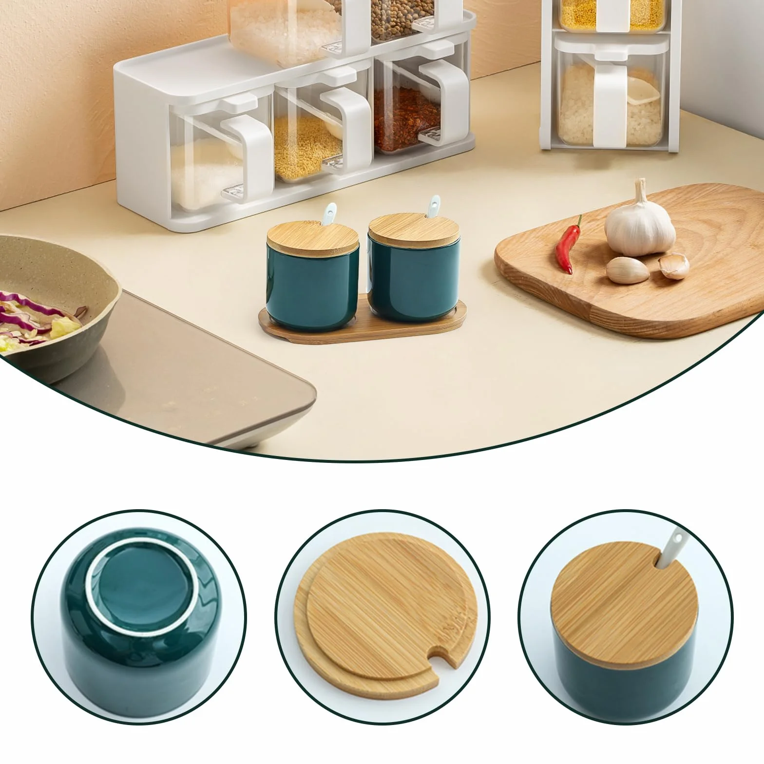Ceramiczna solniczka z drewnianą pokrywką i łyżeczką, szmaragdowa zieleń, pojemnik na sól do kuchni