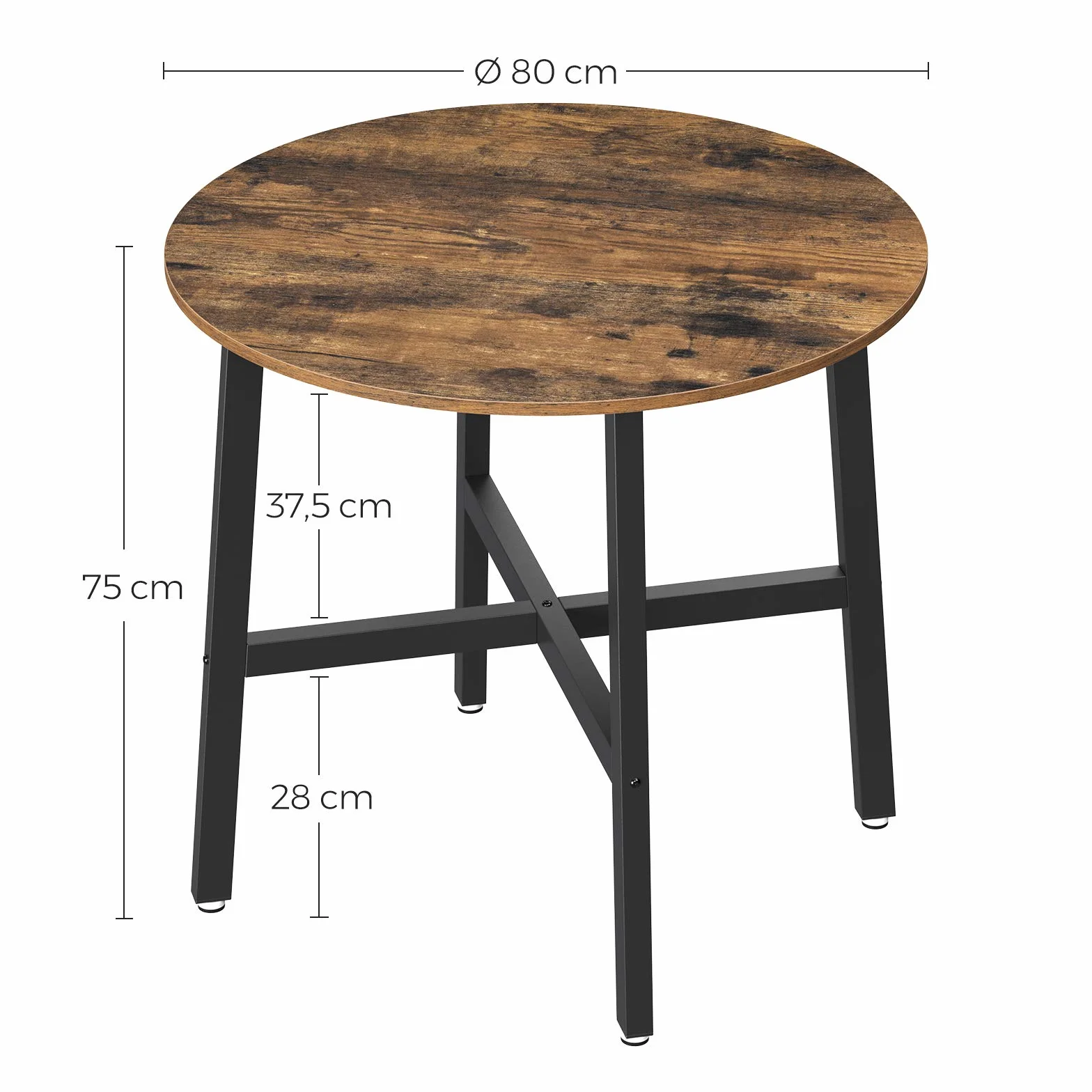 VASAGLE stół jadalny, okrągły stół kuchenny, do salonu, biura, 80 x 75 cm (ø x wys.), styl industrialny, rustykalny brąz i czarny KDT080B01