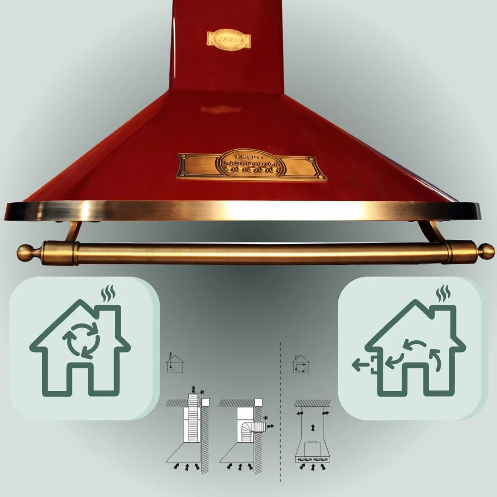 Kaiser EMPIRE Retro designerski okap kuchenny 90 cm, A 9315 czerwony | okap ścienny 910 m³/h | okap kominowy bordowy / uchwyt – brąz | okap kuchenny wraz z zestawem obiegowym / wywiewnym powietrzem do
