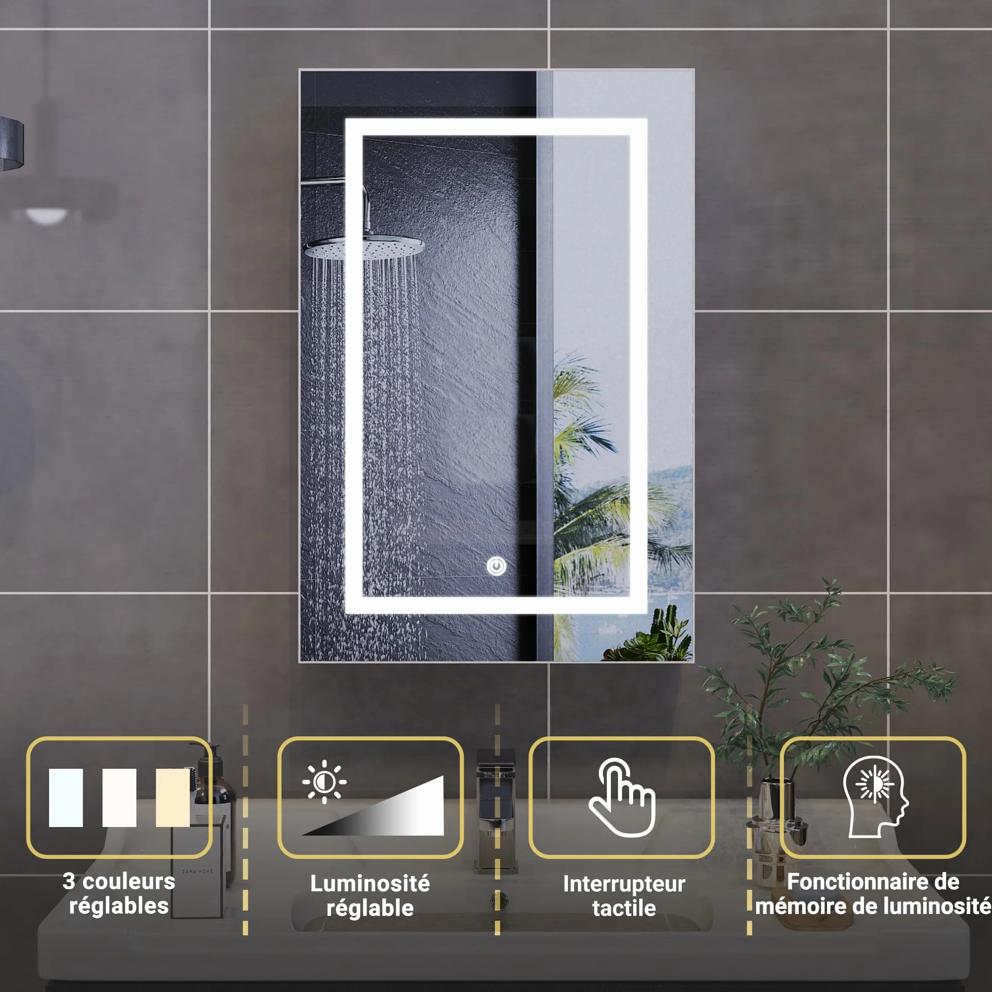 Szafka łazienkowa z lustrem z oświetleniem LED i przełącznikiem dotykowym, pojedyncze drzwi, 50 x 15 x 70 cm, 3 kolory i możliwość ściemniania, regulowana półka, biała