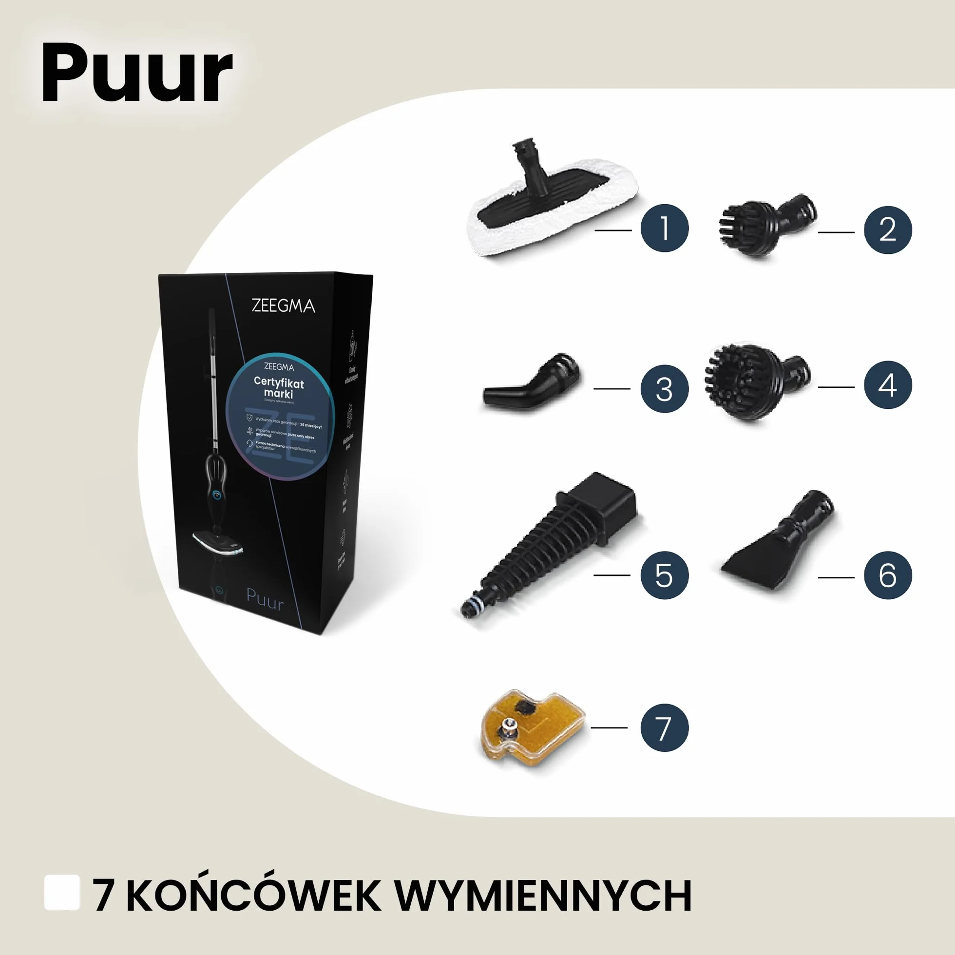 ZEEGMA Puur mop parowy, funkcja myjki, regulacja strumienia pary, 19 ml/min, moc 1500 W, przewód 5 m, 2 filtry i 7 wymiennych końcówek w zestawie, wyjmowany zbiornik na wodę 370 ml