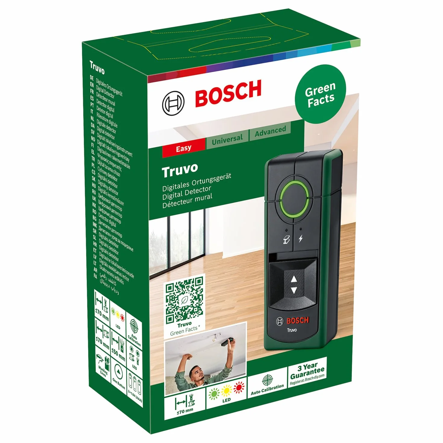 Bosch Home And Garden Detektor Truvo Drugiej Generacji (Obsługa za Pomocą Jednego Przycisku, Łatwe Wykrywanie Przewodów pod Napięciem i Detektor Metalu na Głębokości do 70 mm, Opakowanie Kartonowe)