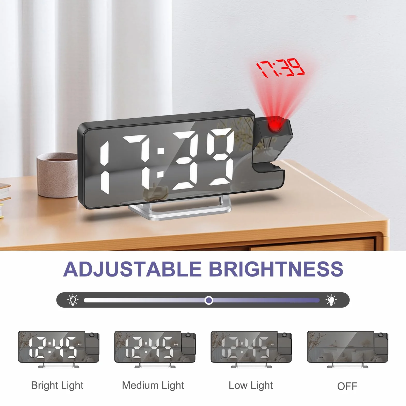 Reveil sufit projektora, projekcja lustra budzika, cyfrowy budzik z dużym ekranem 7,9-calowa dioda LED, temperatura, ściemniacz, drzemka, tryb nocny, cyfrowy projektor zegara 180°