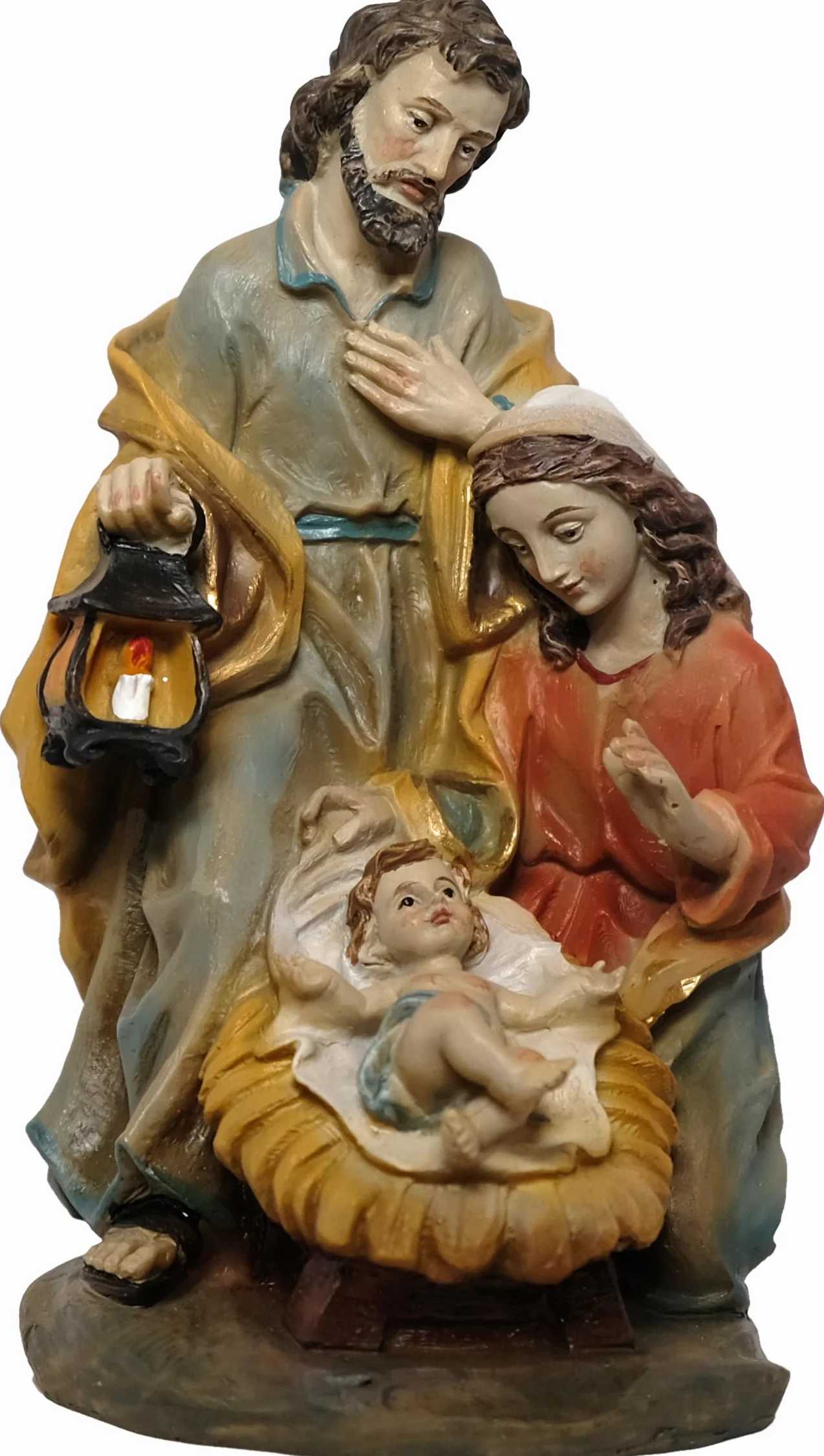 Szopka bożonarodzeniowa Święta Rodzina, styl barokowy, ręcznie malowana figurka, wysokość 14 cm, sztuczny kamień z żywicy poliestrowej, wielokolorowa szopka
