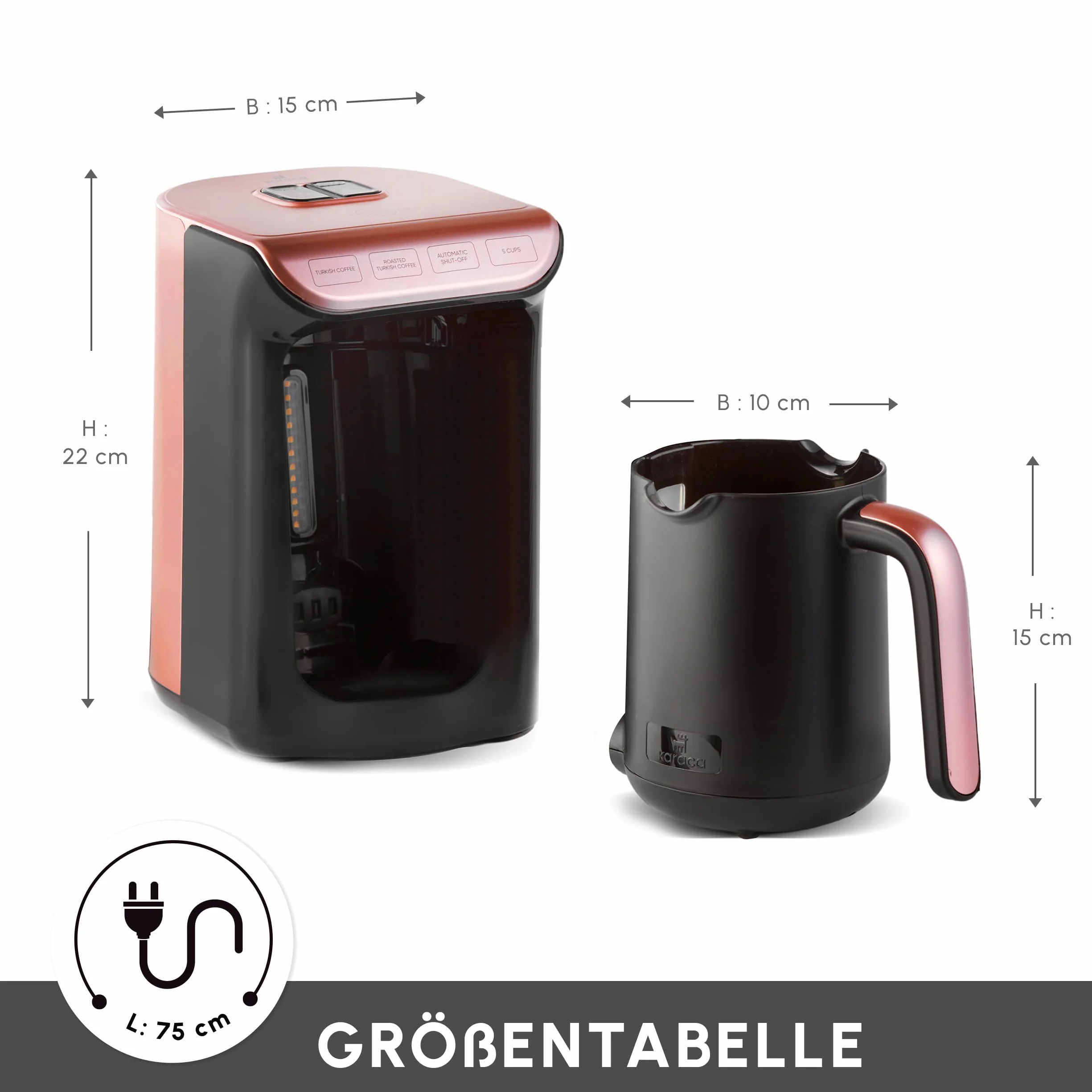 KARACA Hatır Roast turecki ekspres do kawy w kolorze różowego złota, pojemność 5 filiżanek, duża ilość piany, 535 W, system ostrzegania głosowego, system ostrzegania przed światłem, miarka, łatwe