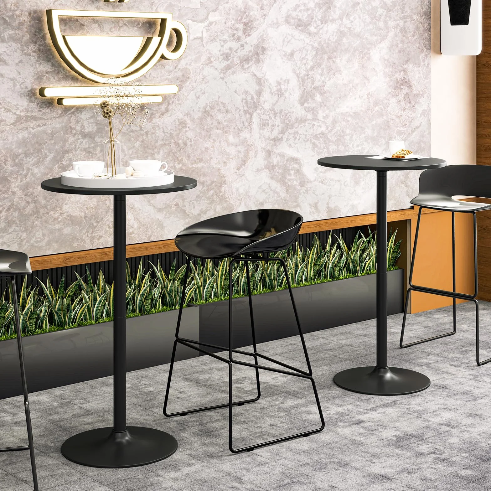 GIANTEX Zestaw 1/2 okrągłych stołów barowych o średnicy 60 cm, stół bistro z regulacją wysokości 56/101,5 cm, nowoczesny styl, wysoki stolik koktajlowy, do jadalni, balkonu, baru (2, czarny)