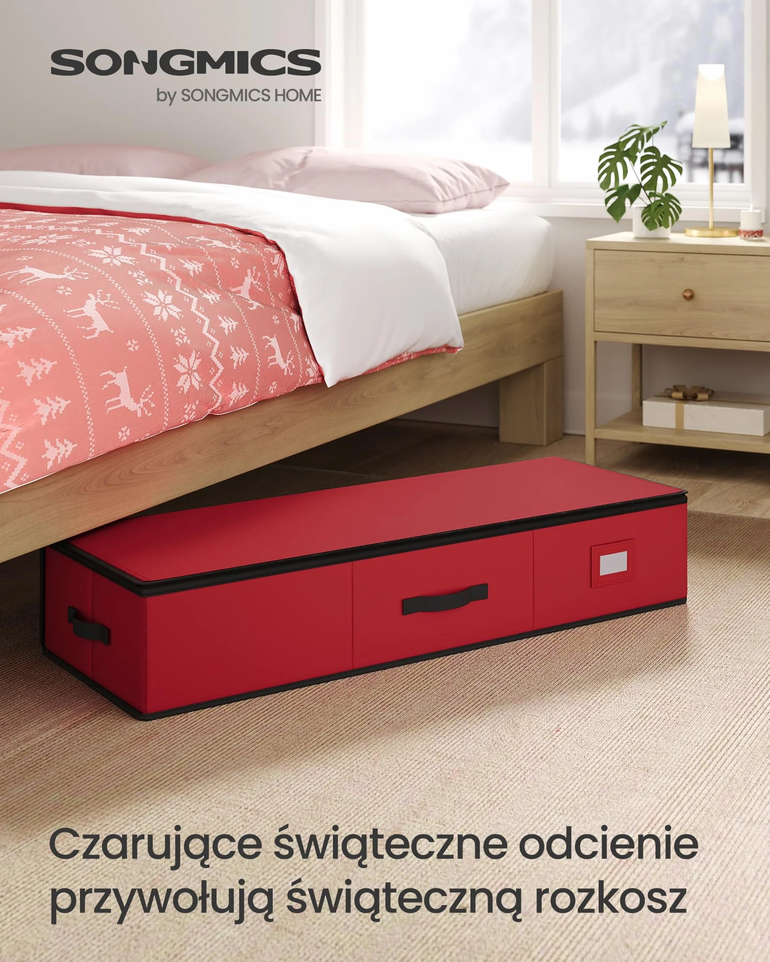 SONGMICS Pudełko na ozdoby świąteczne, 96 przegródek (po 7,6 cm każda), 96,5 x 33,5 x 17,5 cm, przegródki, tkanina Oxford, suwaki, kolor wiśniowo-czerwony RFB042R01