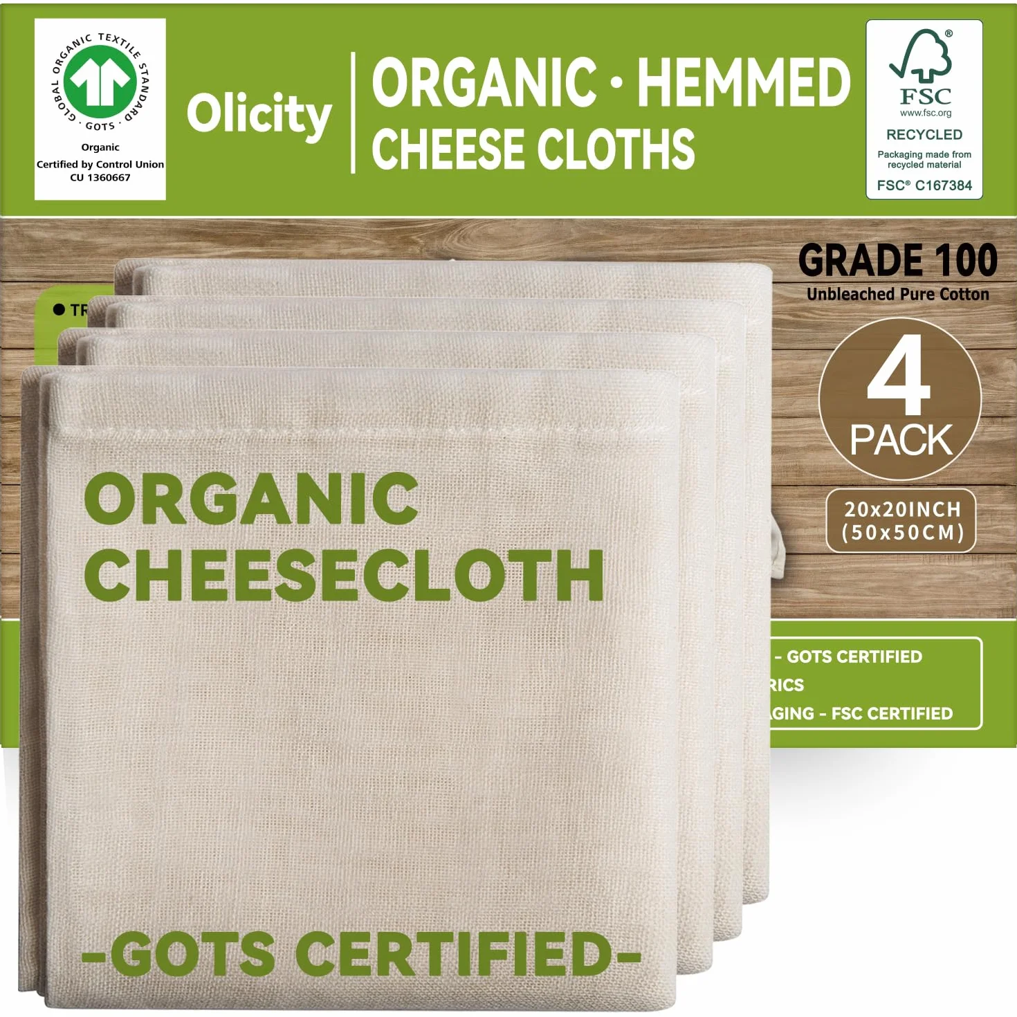 Olicity Organiczna Gaza Serowarska, Certyfikat GOTS, 4 Szt., 50x50cm, Gaza Serowarska 100% Bawełna, Wielokrotnego Użytku, Można Prać - Do Gotowania, Soków, Masła