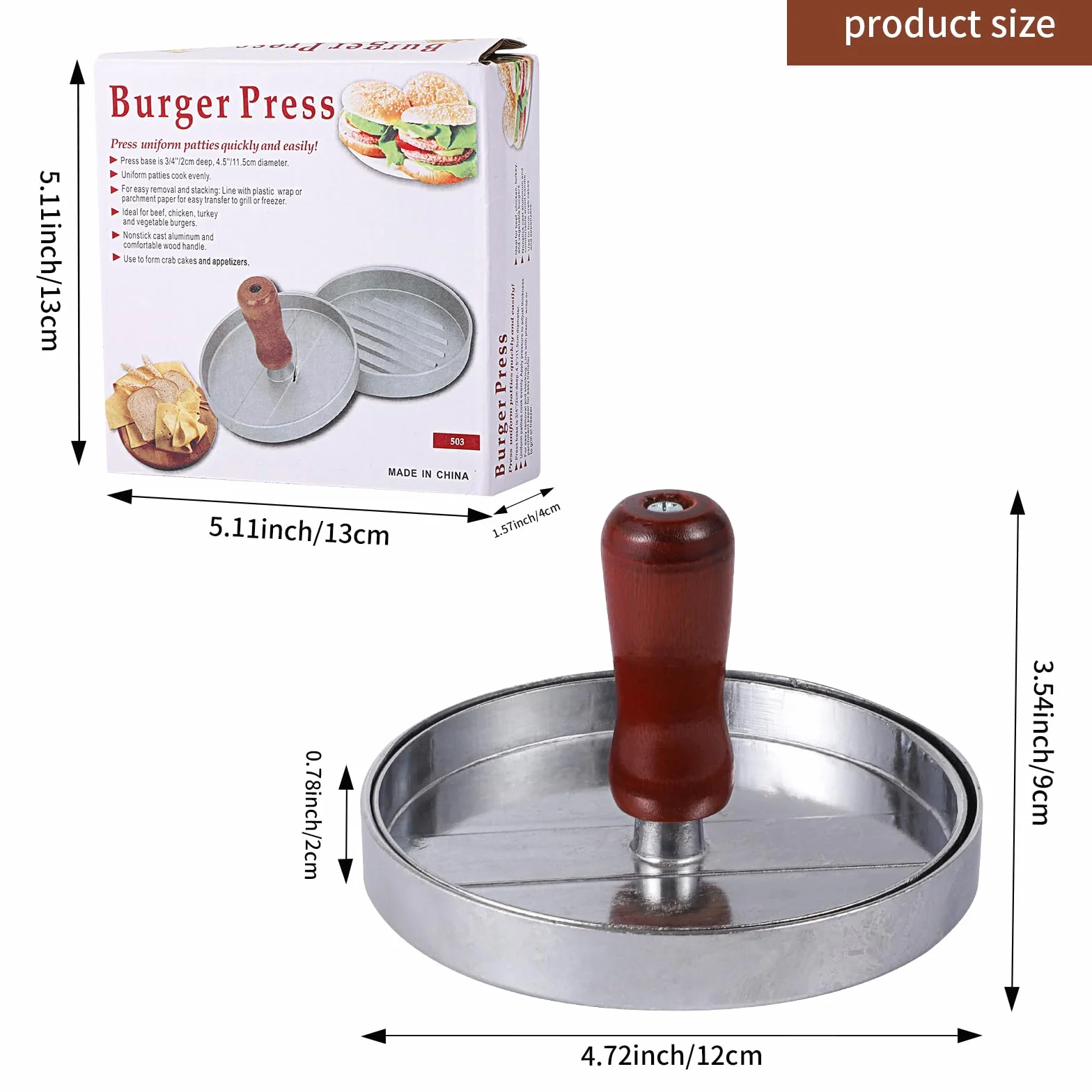Prasa do hamburgerów, nieprzywierająca prasa do hamburgerów, prasa do hamburgerów, z aluminium, do grilla, hamburgerów, Ø 11,5 cm