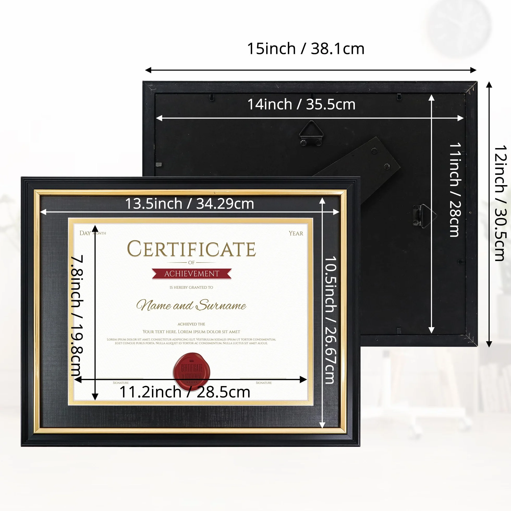 GraduationMall A4/28x35 cm Czarna drewniana ramka na zdjęcia, ramka na dyplomy z passe-partout, ramka na certyfikaty, ramka na zdjęcia z prawdziwego szkła, ramka ścienna i stołowa