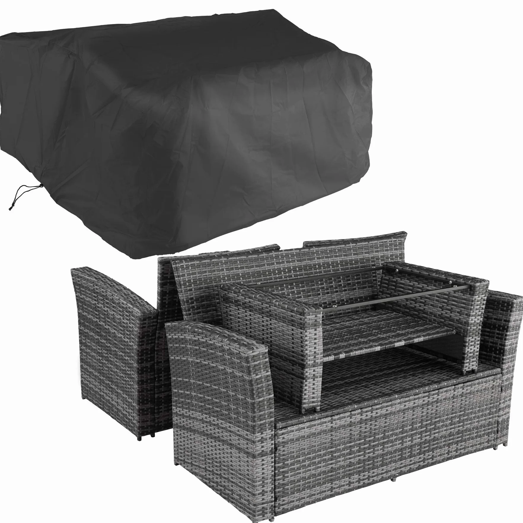 tectake® Zestaw Mebli Ogrodowych z Technorattanu Modena,Wysokiej Jakości, UV-Odporny, Wodoodporne Poduszki, Stalowa Rama, Stół ze Szkła Hartowanego, Przestronny Schowek - szary