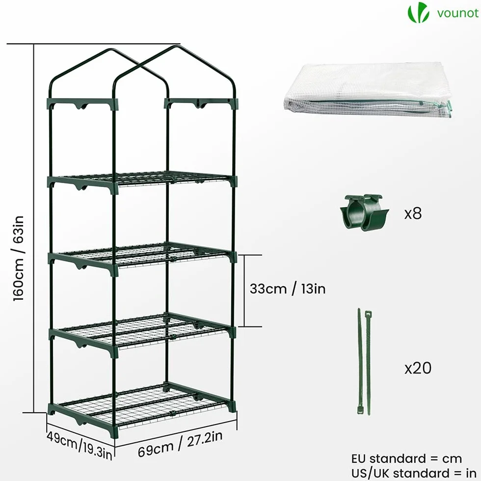 VOUNOT Szklarnia ogrodowa PE z półkami 4-poziomowa szklarnia ogrodowa na rośliny kwiaty wzmocniona plandeka 135g/m2 chroń swoje rośliny we wszystkich porach roku 69x49x160cm