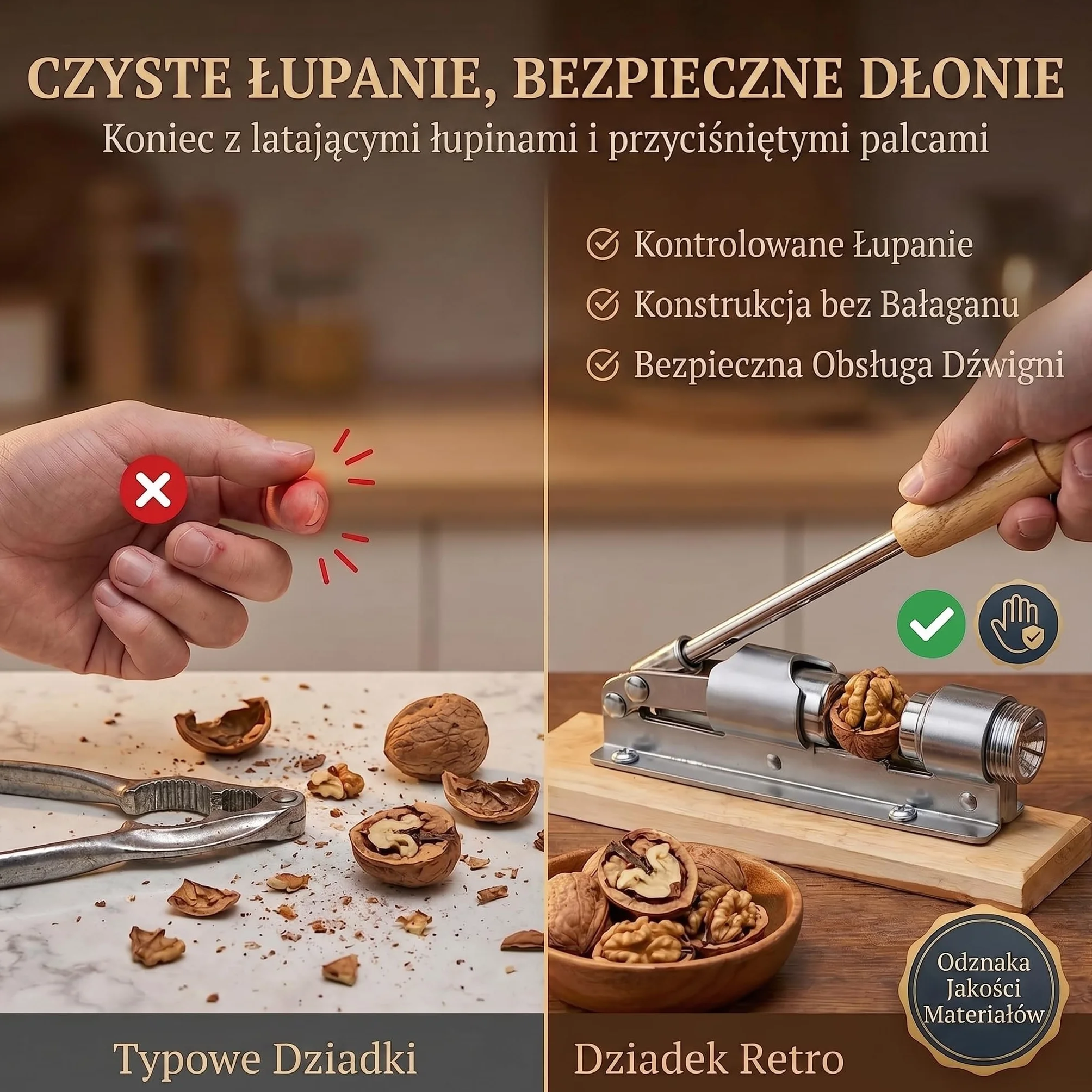 Dziadek do orzechów Retro w nostalgicznym wzornictwie Dziadek do orzechów ze stali nierdzewnej z funkcją dźwigni; regulacja wielkości i oszczędność energii przy otwieraniu orzechów