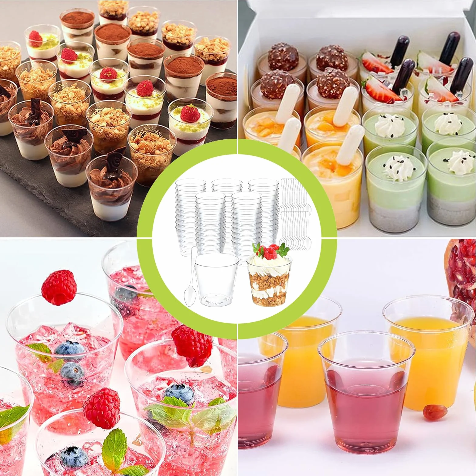 Plastikowe kubki deserowe, 50 szt., z łyżeczkami, 60 ml, wielokrotnego użytku, do puddingu, musu, lodów, deserów, na imprezę