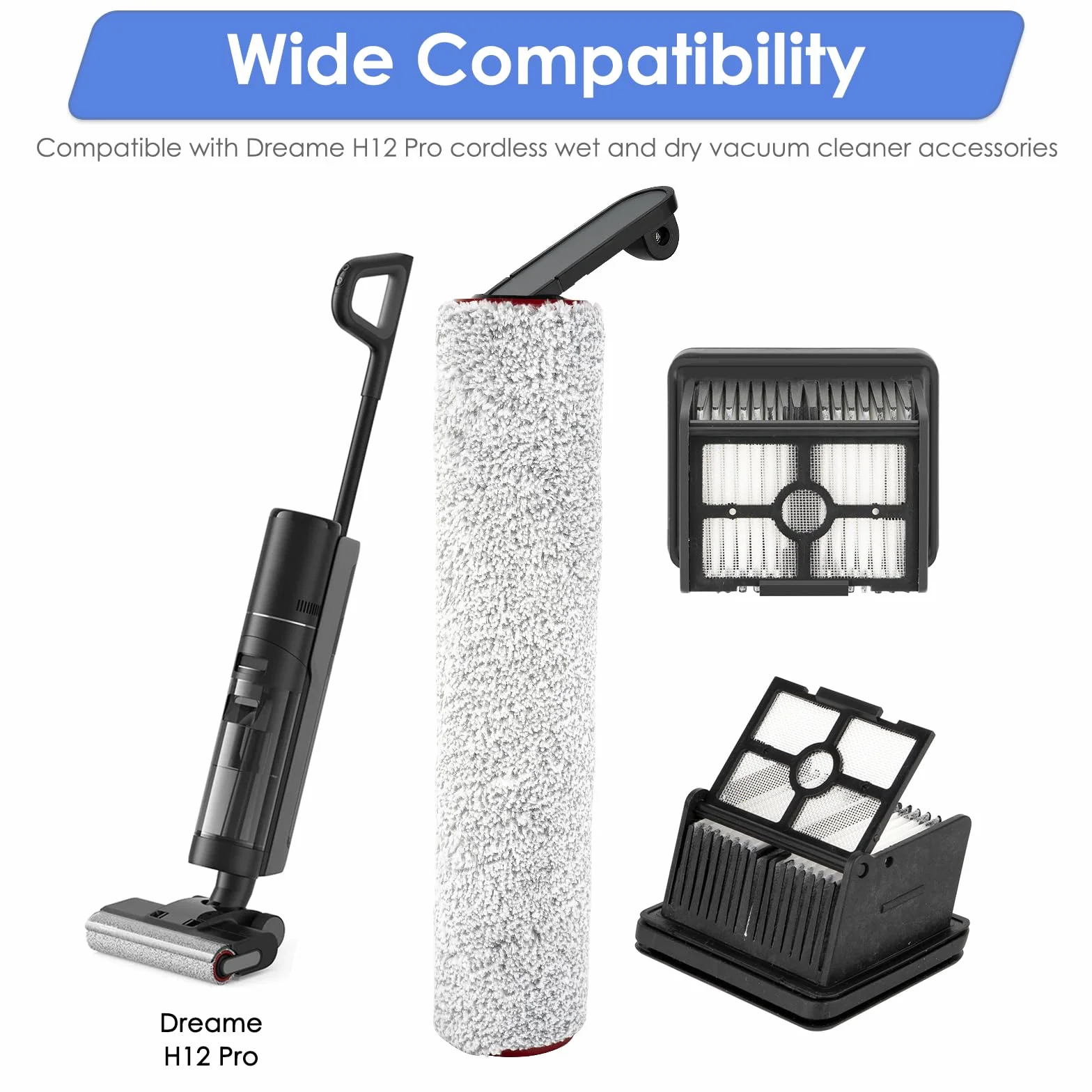 (2 sztuki) Wymienne wałki szczotkowe H12 Pro i filtry HEPA kompatybilne z Dreame H12 Pro / H12 Dual Cordless Wet and Dry Vacuum Cleaner, zestaw akcesoriów, 1 wałek szczotkowy, 1 filtr HEPA