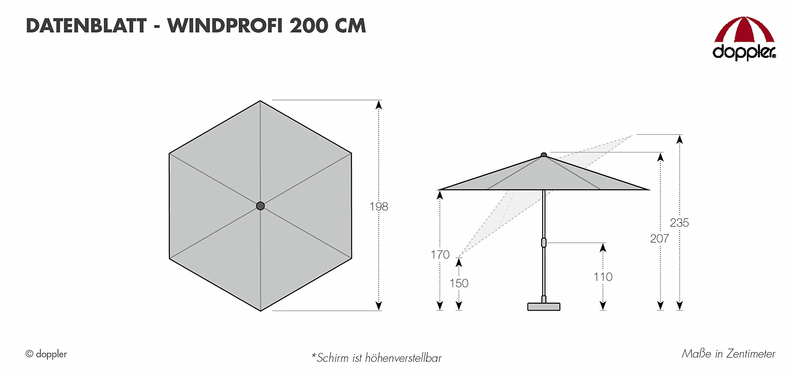 Doppler Derby Parasol Przeciwsłoneczny 200 cm I Na Plażę, Balkon i Taras I Z Regulacją Wysokości I Ochroną UV I Składany I Na Basen | Plażowy