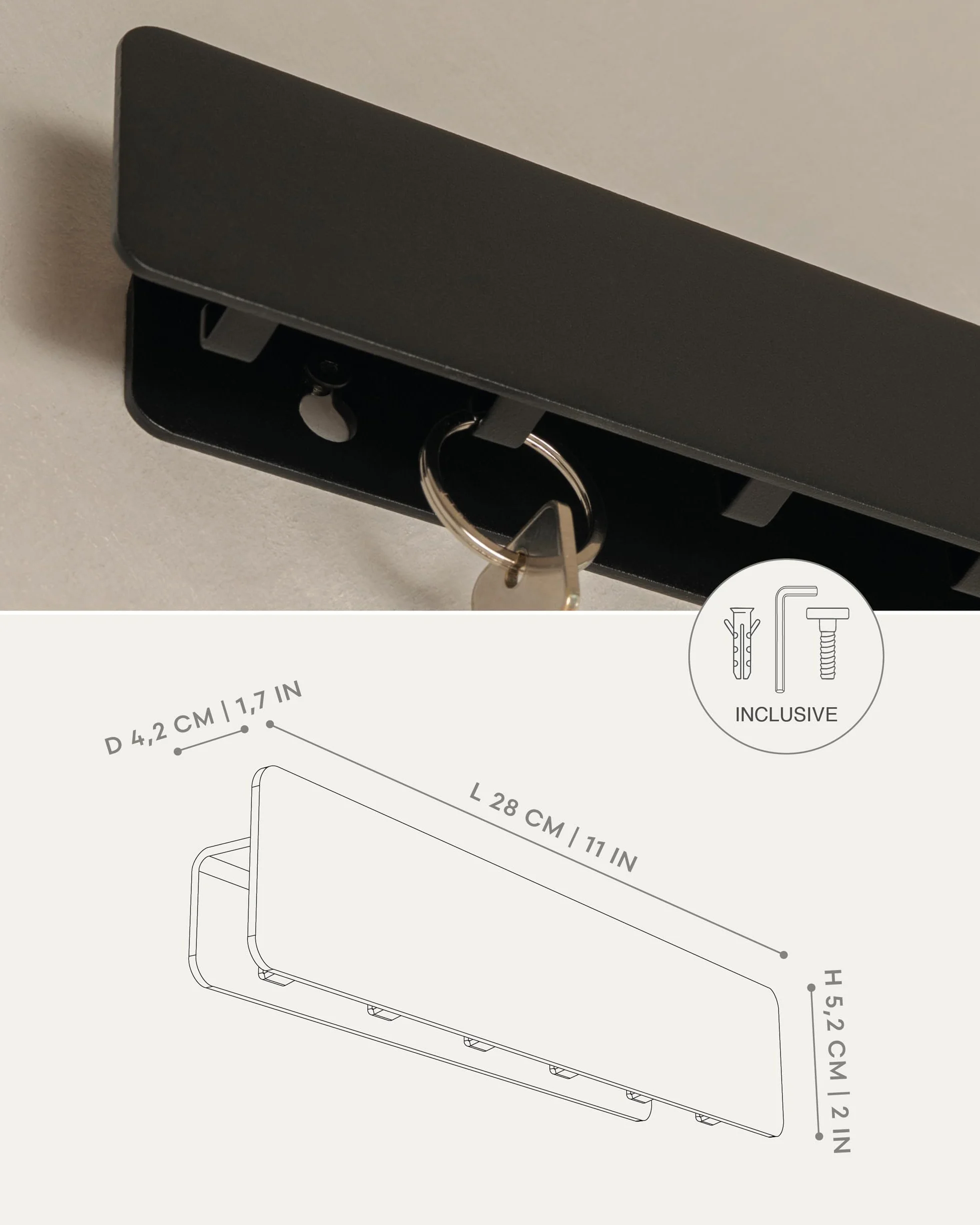 Kazai. Tablica na klucze 'Kian' | Minimalistyczny design haka z Berlina | Nowoczesny metalowy uchwyt z półką | Regał jako mebel do przedpokoju na ścianę | Czarny