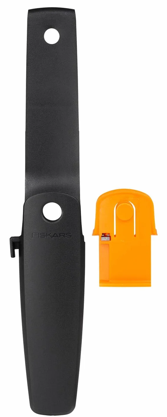 Fiskars Nóż profesjonalny wraz z kaburą z wbudowaną ostrzałką, Długość całkowita: 21,9 cm, Czarny/ pomarańczowy/ zielony, 1023619