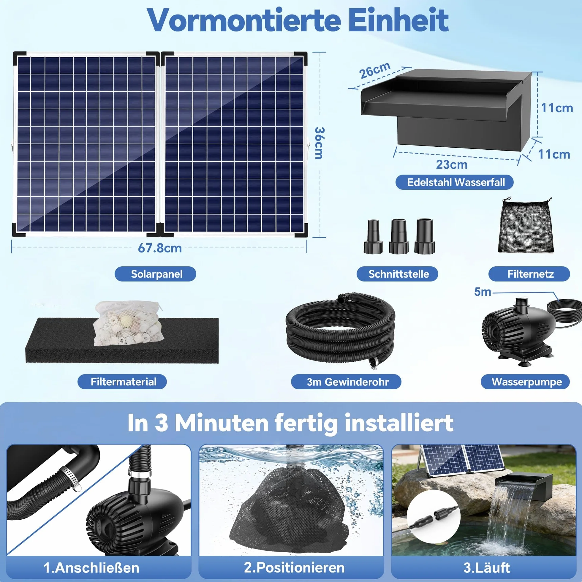 Biling 50W Solarowy zestaw wodospadowy ze stali nierdzewnej kompletny z pompą i filtrem 40W 2100L/H 20 cm wodospad do stawu ogrodowego, stawu z rybami Koi, basenu kąpielowego, dekoracja ogrodu
