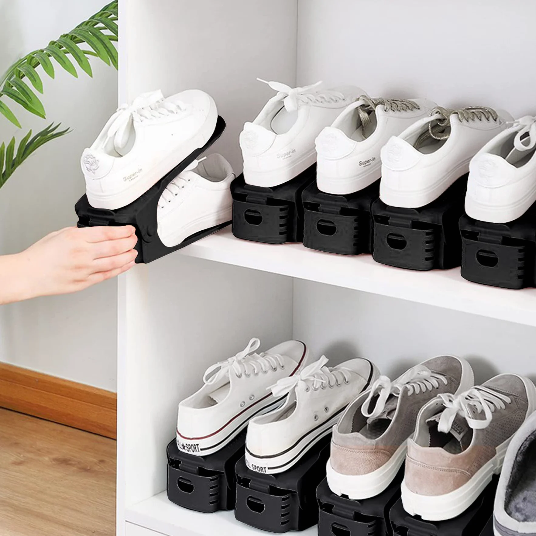 Froadp 60 szt. Regulowany Organizer na Buty Ntypoślizgowa Układarka do Butów z 3 regulowanymi Wysokościami Organizer na Buty Dwuwarstwowy Zestaw do Układania Butów Przechowywaniu Butów (Czarny)