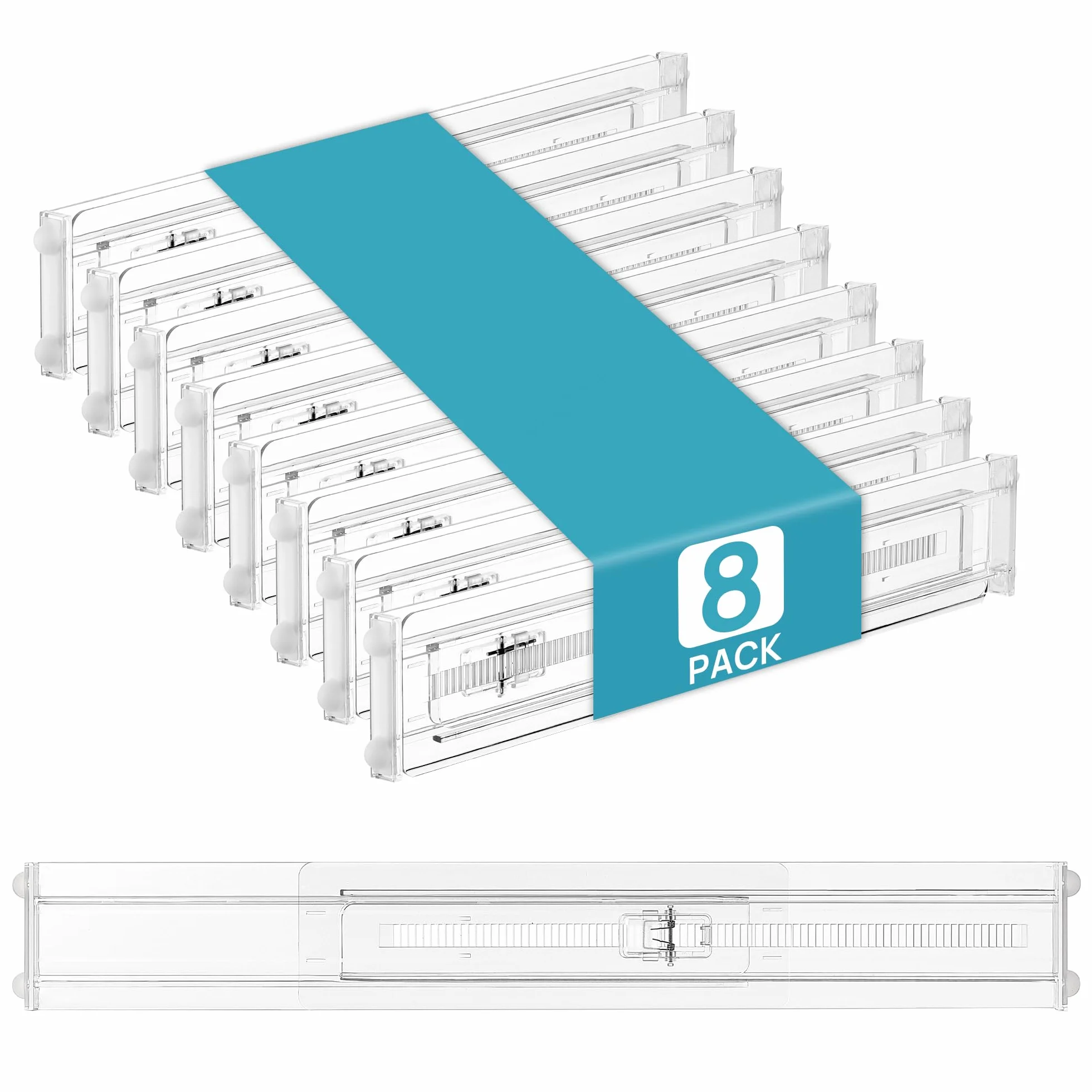 Vtopmart 8 sztuk płytkich przegródek do szuflad, wysokość 6 cm, 32 cm - 53 cm, regulowany, rozszerzalny organizer kuchenny, przezroczyste plastikowe organizery separatory do sztućców, sztućców