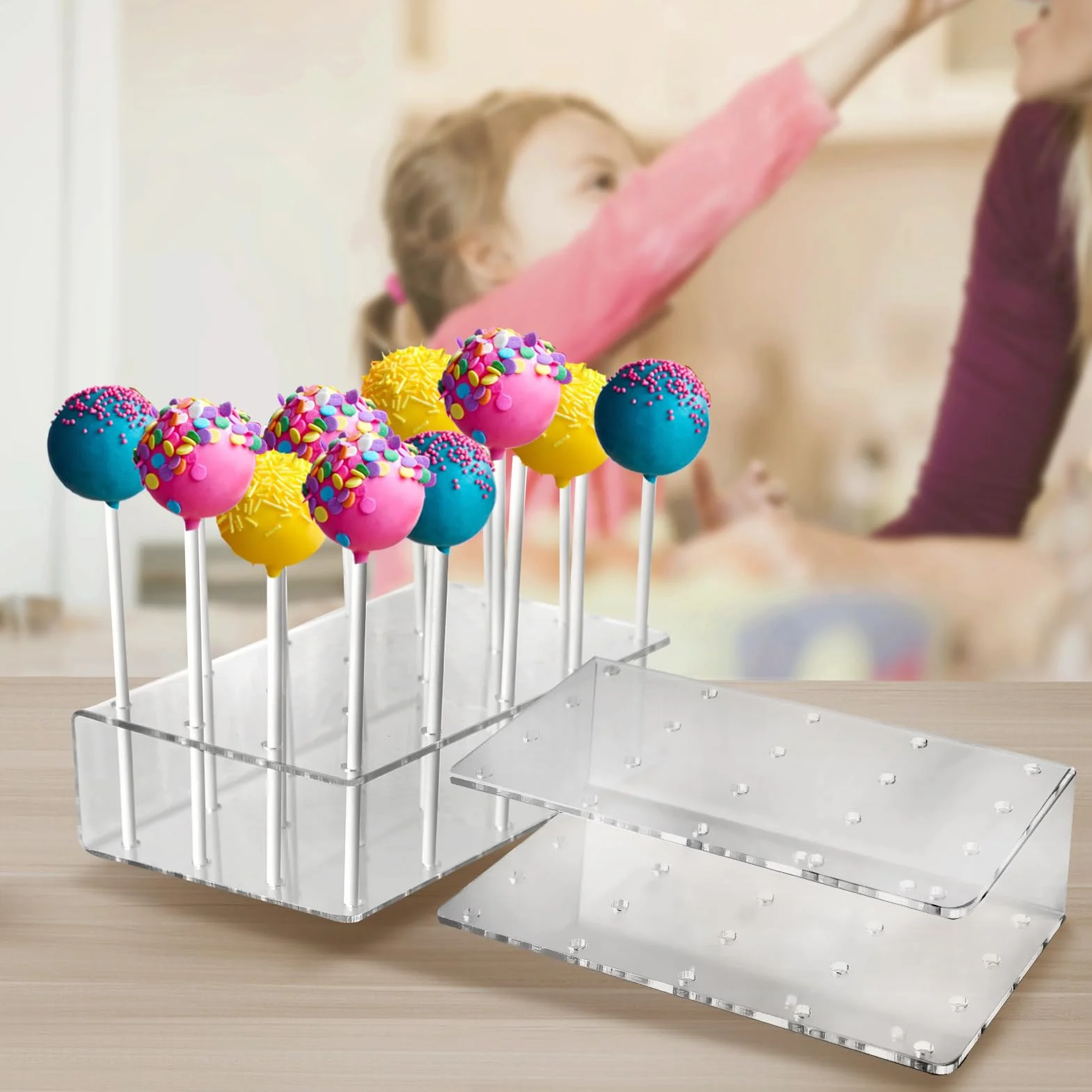 Zestaw 2 Przezroczystych Stojaków na Cake Pops z Akrylu + 200 Białych Patyczków, 20 Otworów, Wielokrotnego Użytku, Idealny na Wesela, Urodziny, Imprezy i Candy Bar (16×9×4 cm)