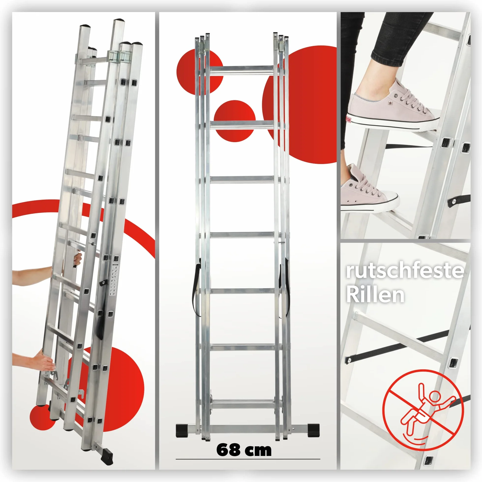 KADAX Drabina aluminiowa składana 3 - stopniowa, udźwig 125 kg, stopnie antypoślizgowe, półka na narzędzia, lekka i stabilna do domu i warsztatu