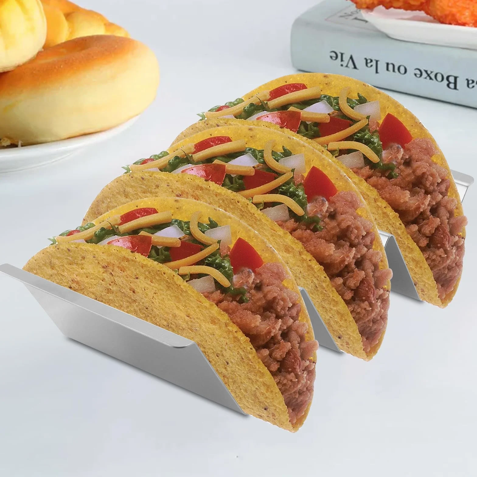Stojak ze stali nierdzewnej z uchwytami, taco taca