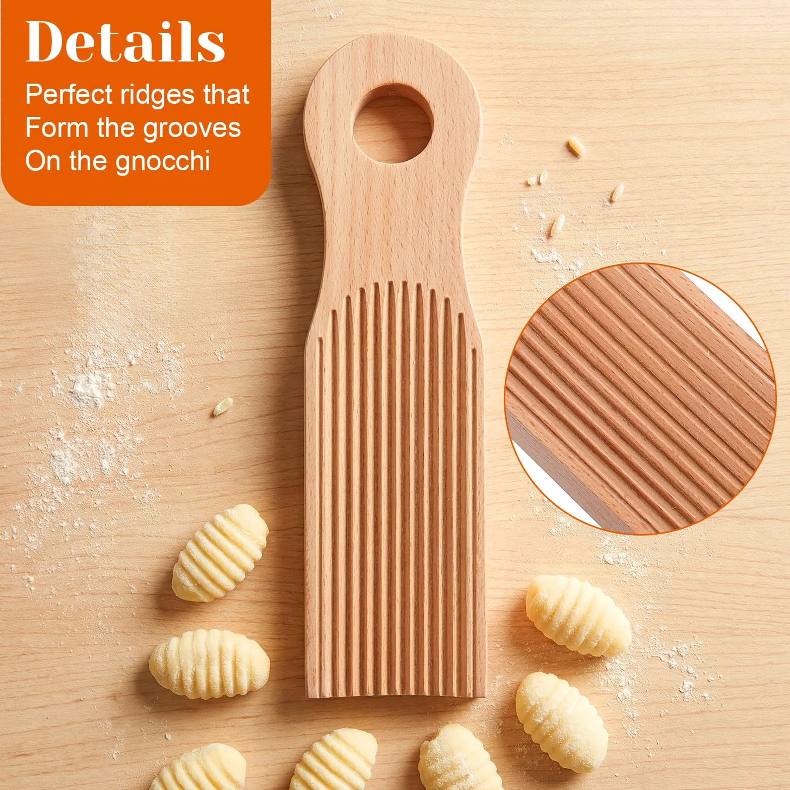Drewniana deska do gnocchi 16,5 cm brzozowa zakrzywiona garganelli ze spiralnymi rowkami