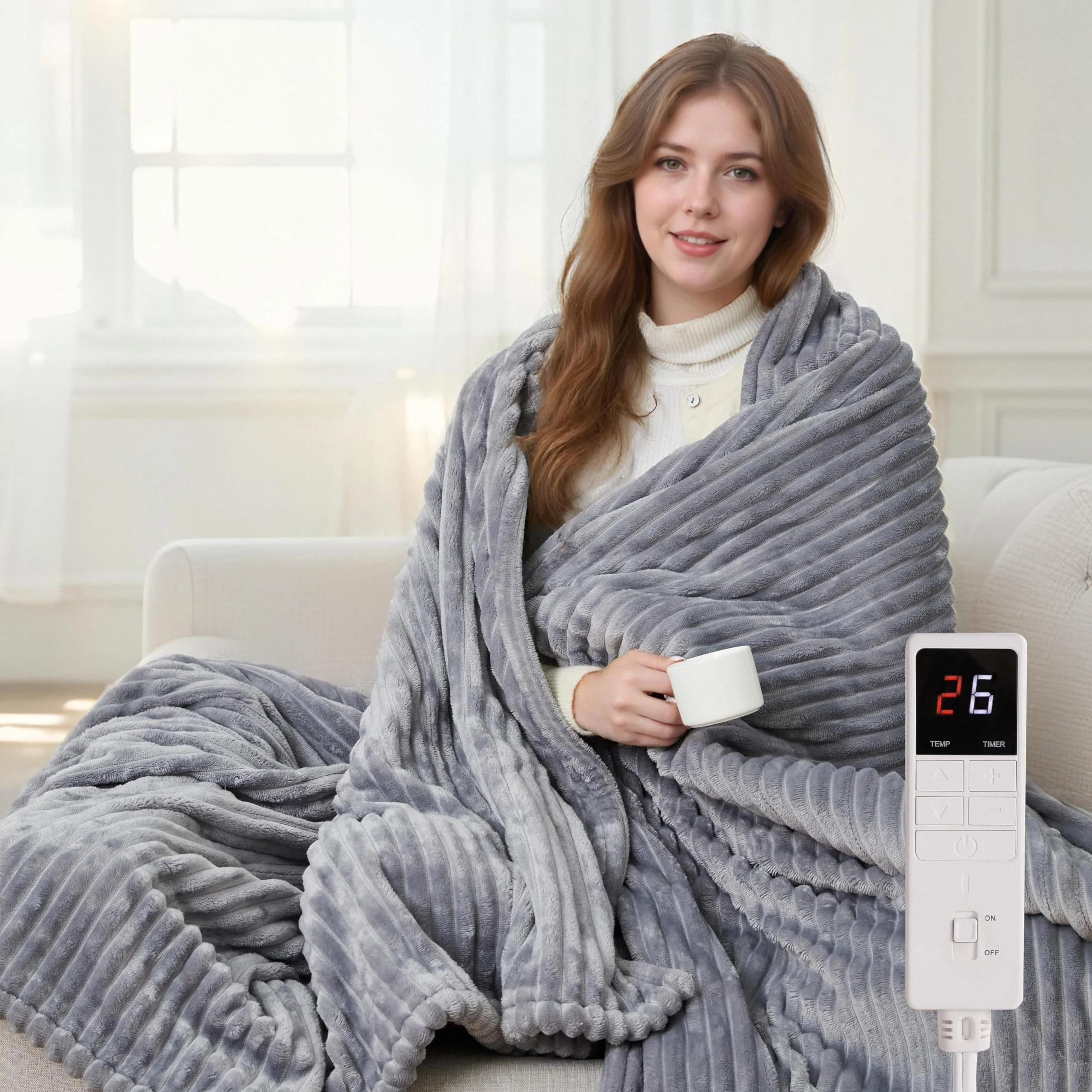 Elektryczny koc grzewczy pojedynczy 150x200cm – Puszysty flanelowy koc z pikowaniem, miękki i oddychający, 6 poziomów temperatury i 10-godzinny timer, elektryczny koc na zimne noce, szary