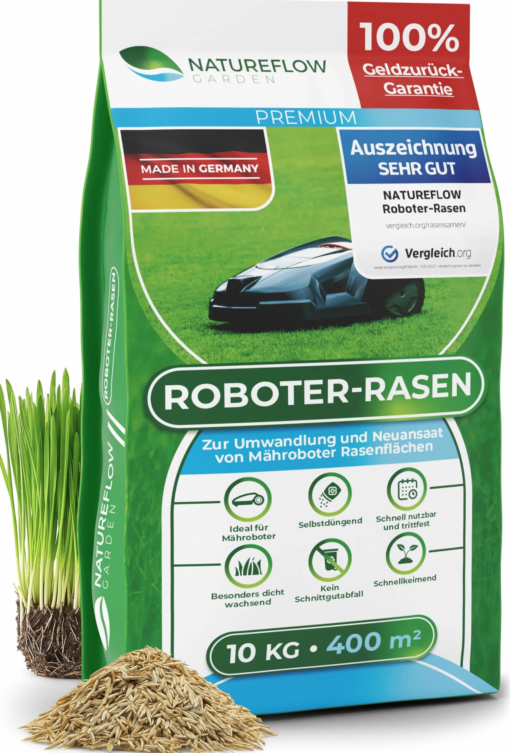 Nasiona trawy premium do ogrodów koszonych automatami koszącymi 10 kg – szybko kiełkujące i witalne – samonawożenie dla łatwiejszej w pielęgnacji ogrodu