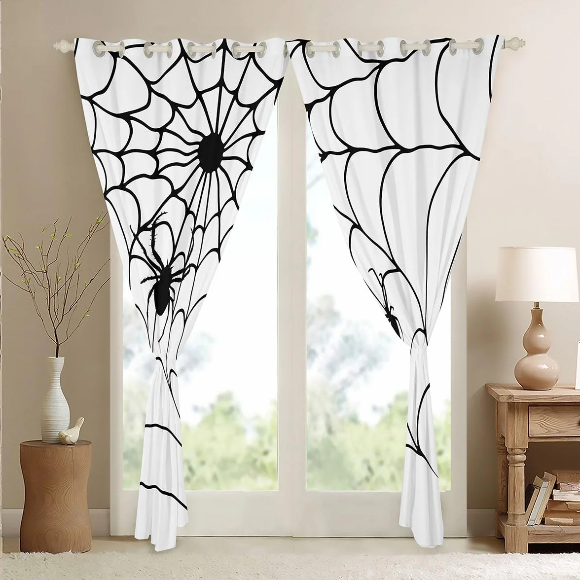 Homemissing Zasłony na Halloween do sypialni, salonu, dzieci, pajęcza sieć 30%-50% zasłony zaciemniające dla chłopców dekoracja na Halloween zasłony okienne białe zasłony okienne szer. 117 x dł. 182